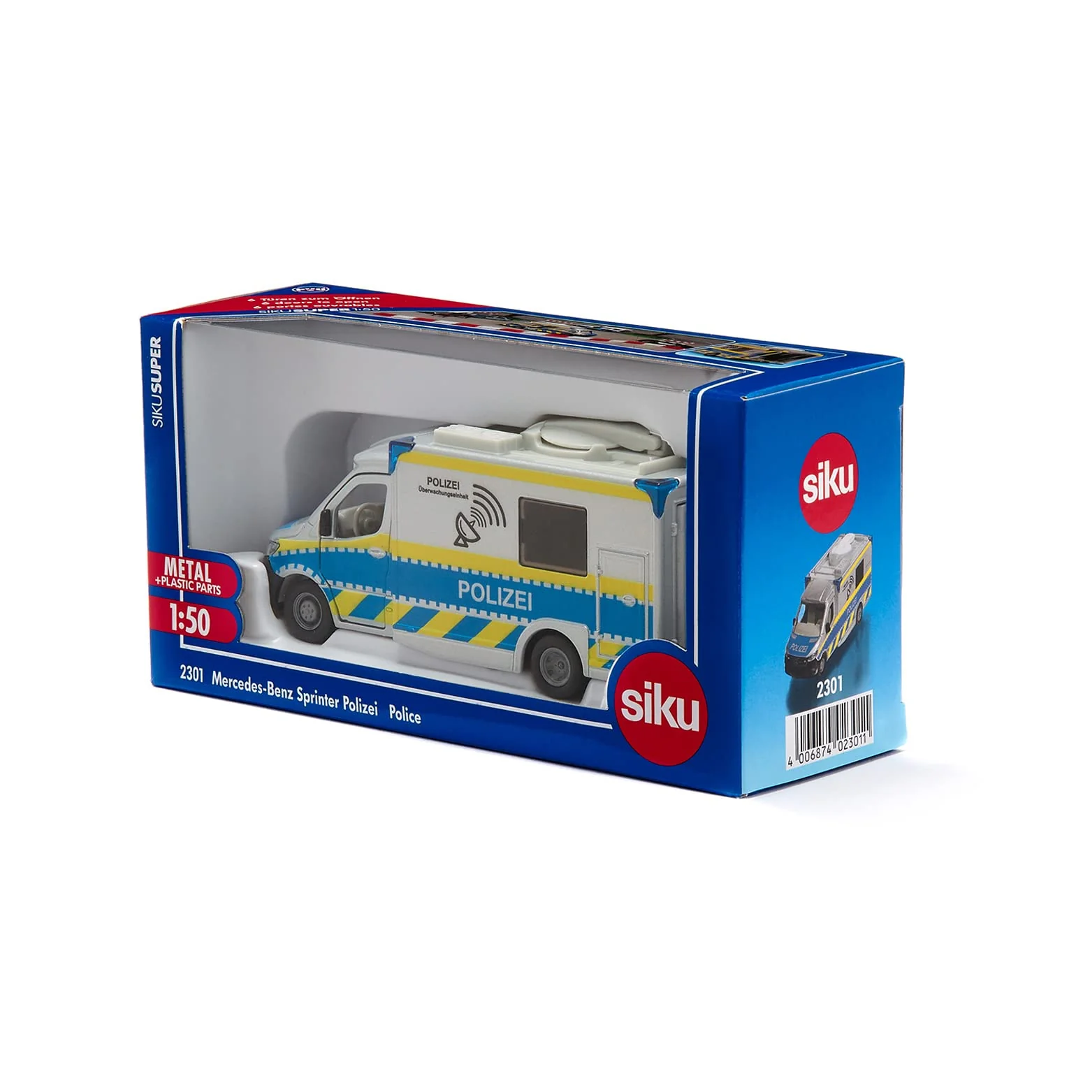 Siku 2301, Polizeiauto Mercedes-Benz Sprinter, Polizei-Spielzeug, 1:50, Metall/Kunststoff, Blau/Weiß, Drehbare Satellitenschüssel, Abnehmbares Dach, Diverse Türen zum Öffnen - Image 2
