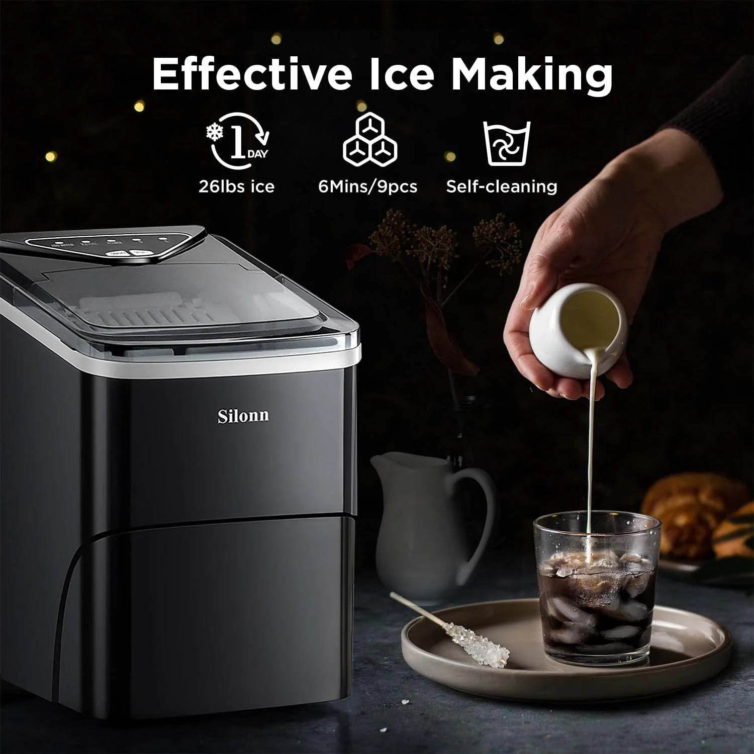 Silonn Eiswürfelmaschine Klein, 9 Stück in 6 Min Mertig 12 kg in 24 Stdn. Fertig, 2 l Wassertankkapazität, Tragbare Eiswürfelmaschine kann 2 Größen Eiswürfel Produzieren, Geeignet für Küche und Party - Image 3