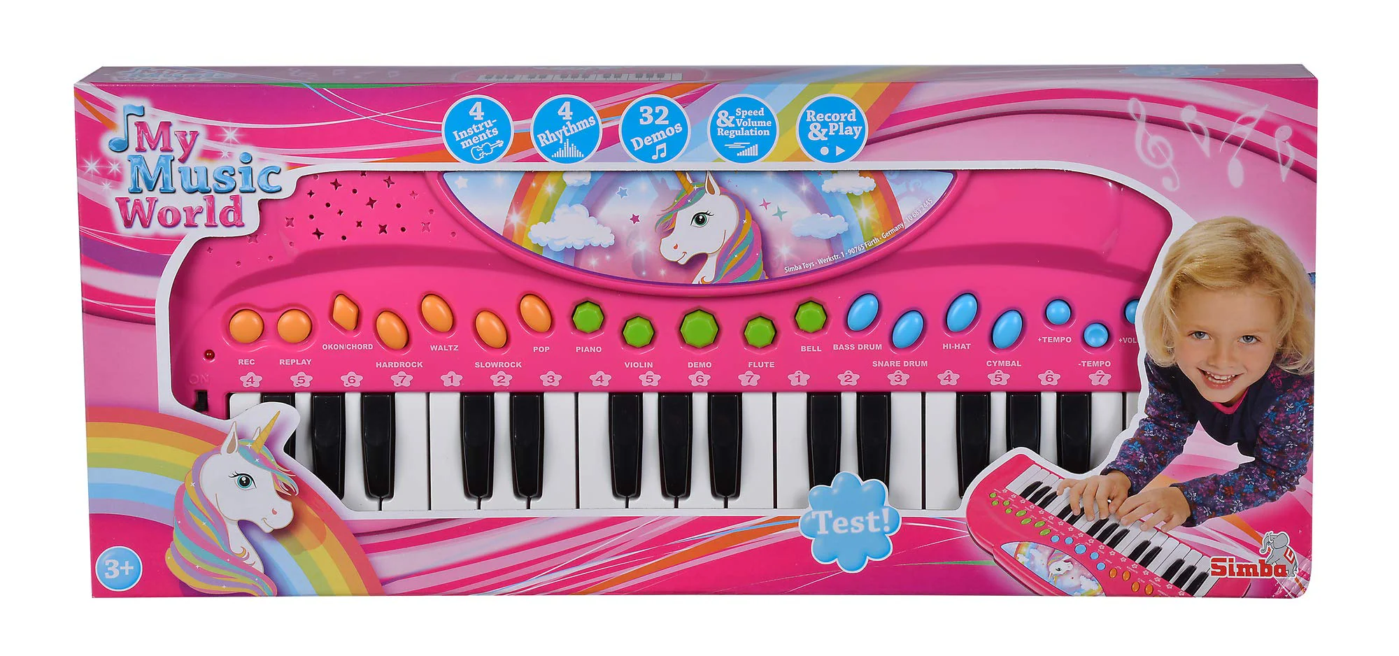 Simba 106832445 - My Music World Einhorn Keyboard, 32 Tasten, versch. Sound Modi, 4 Rhythmen, Demos, 42cm, ab 3 Jahre