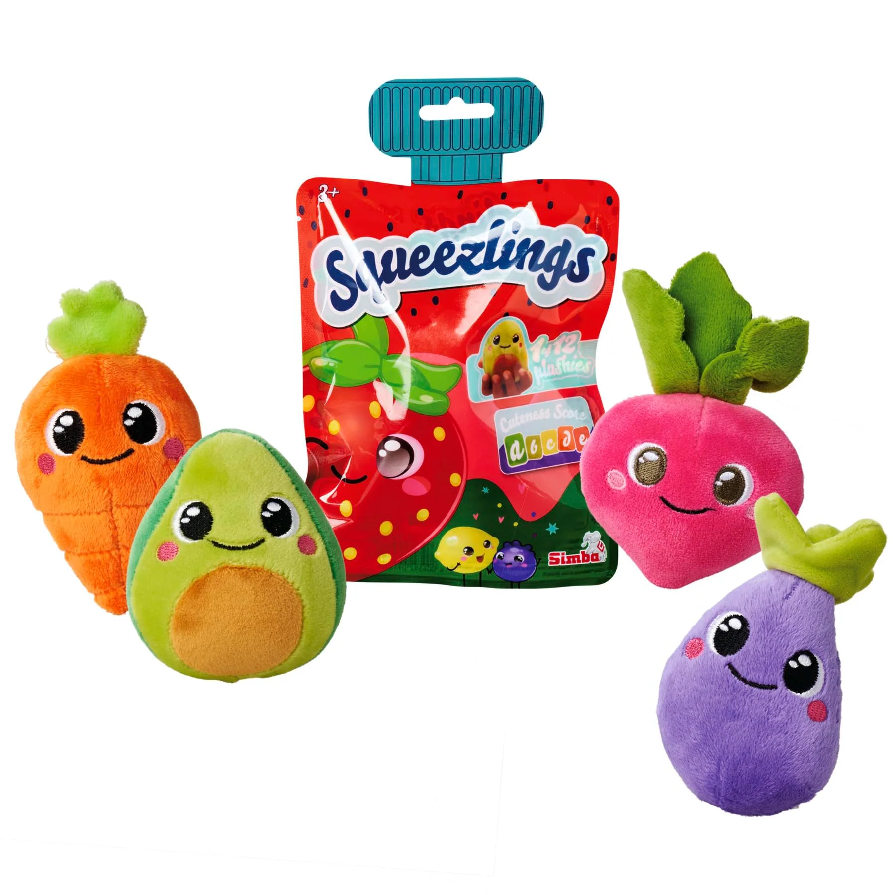 Simba Squeezlings - 12 Plüschfiguren zum Sammeln, es Wird nur EIN Artikel geliefert, Obst und Gemüse aus Plüsch, super Soft, niedliche Gesichter, ca. 8cm, ab 3 Jahren