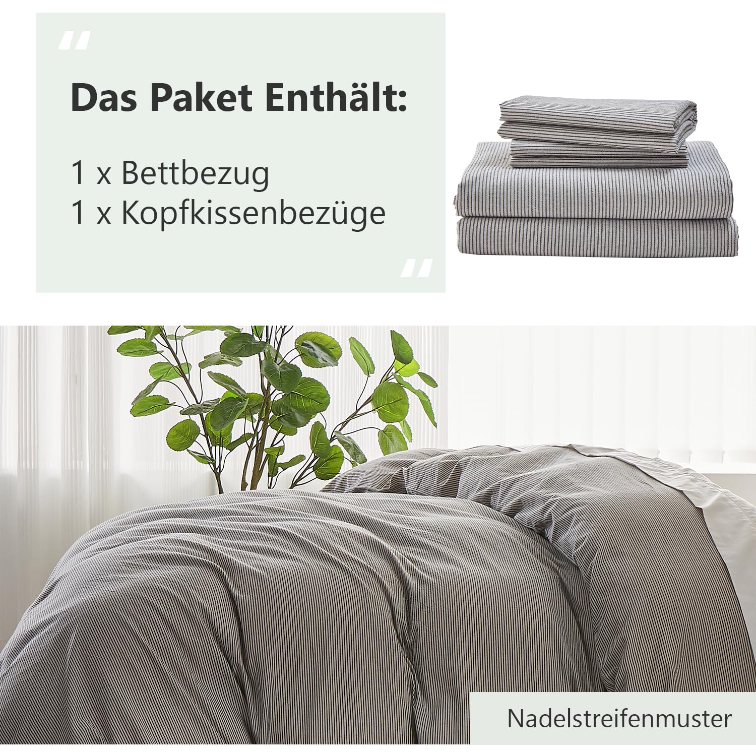 Simple&Opulence Bettwäsche 135x200 Baumwolle Gestreift Muster, 100% Gewaschene Baumwolle Bettbezug Set, Weich, hypoallergen, Enthält 1 Bettbezug 135x200 cm + 1 Kissenbezug 80x80 cm, Dunkelgrau-beige - Image 7