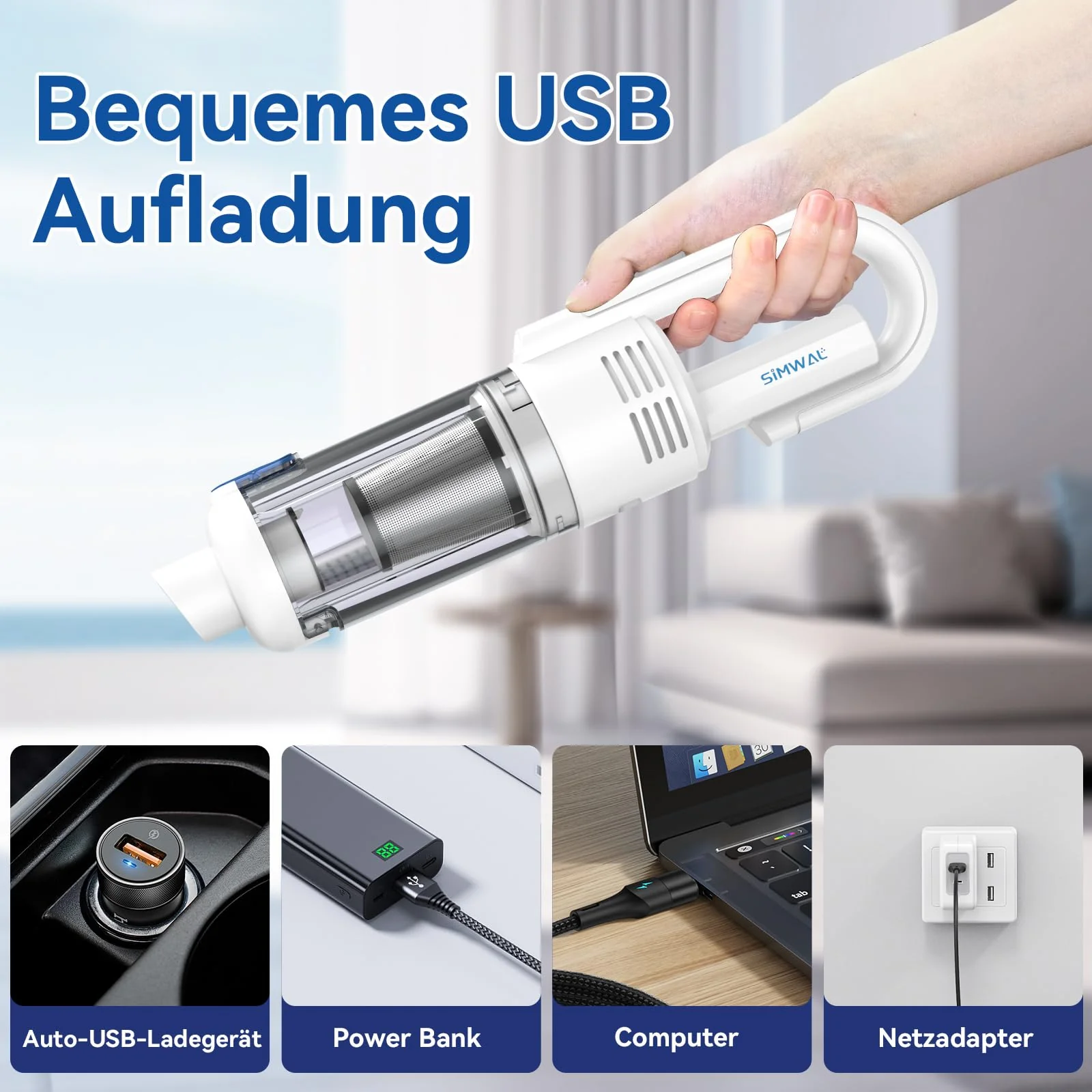 SIMWAL Auto Handstaubsauger Akku Kabellos - 9500PA stark tragbar Mini Staubsauger - 30Min Laufzeit USB aufladbar Autostaubsauger mit Waschbar HEPA Filter LED Beleuchtung für Haus, Küche, Büro - Image 3