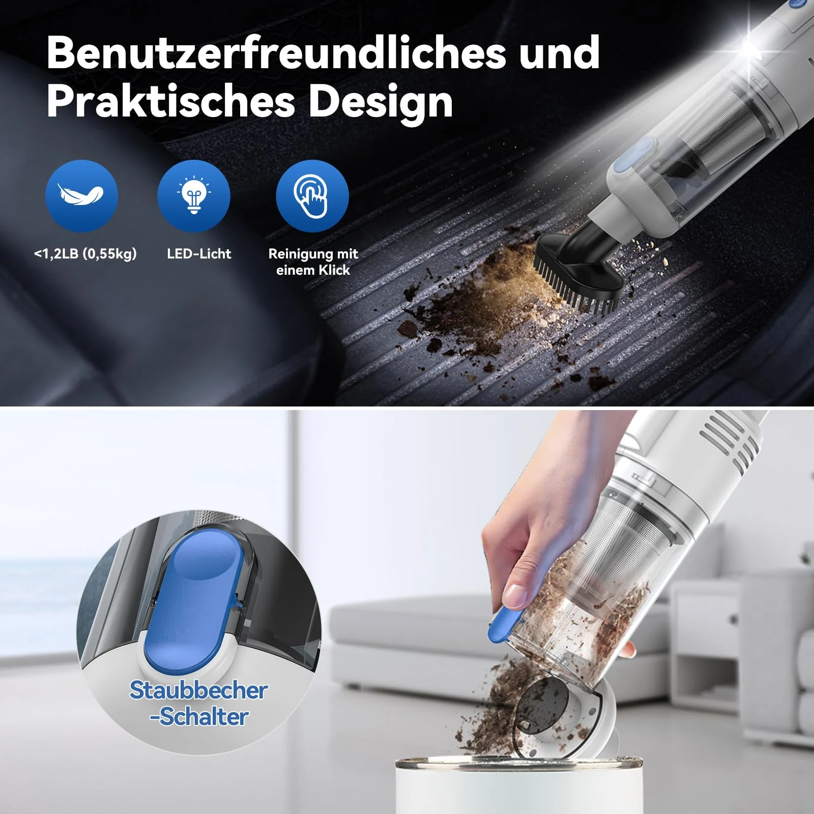 SIMWAL Auto Handstaubsauger Akku Kabellos - 9500PA stark tragbar Mini Staubsauger - 30Min Laufzeit USB aufladbar Autostaubsauger mit Waschbar HEPA Filter LED Beleuchtung für Haus, Küche, Büro - Image 5