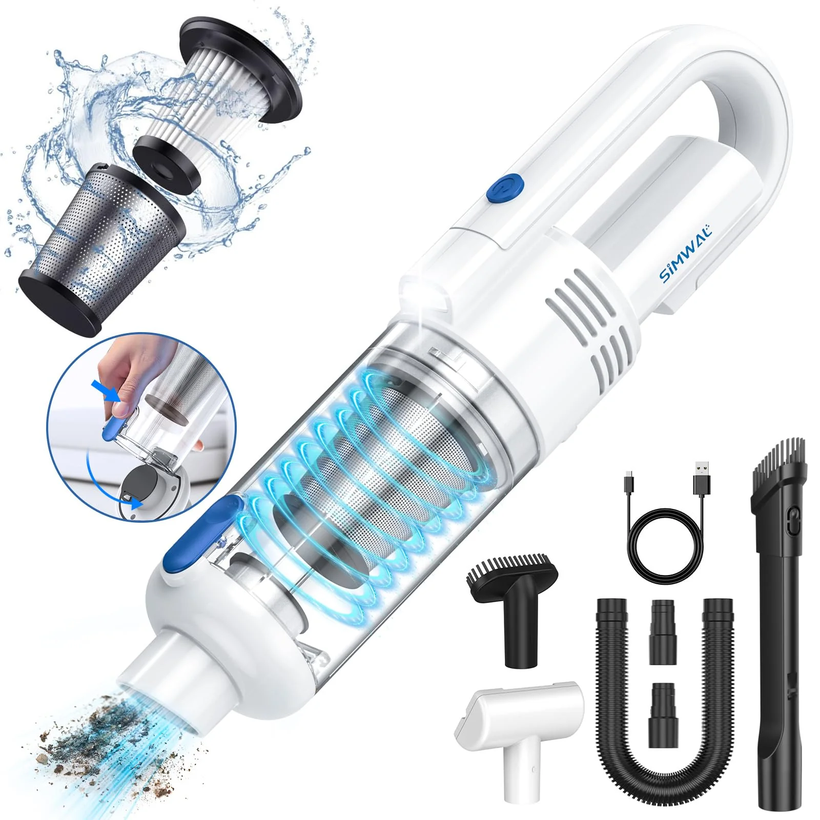 SIMWAL Auto Handstaubsauger Akku Kabellos - 9500PA stark tragbar Mini Staubsauger - 30Min Laufzeit USB aufladbar Autostaubsauger mit Waschbar HEPA Filter LED Beleuchtung für Haus, Küche, Büro - Image 6