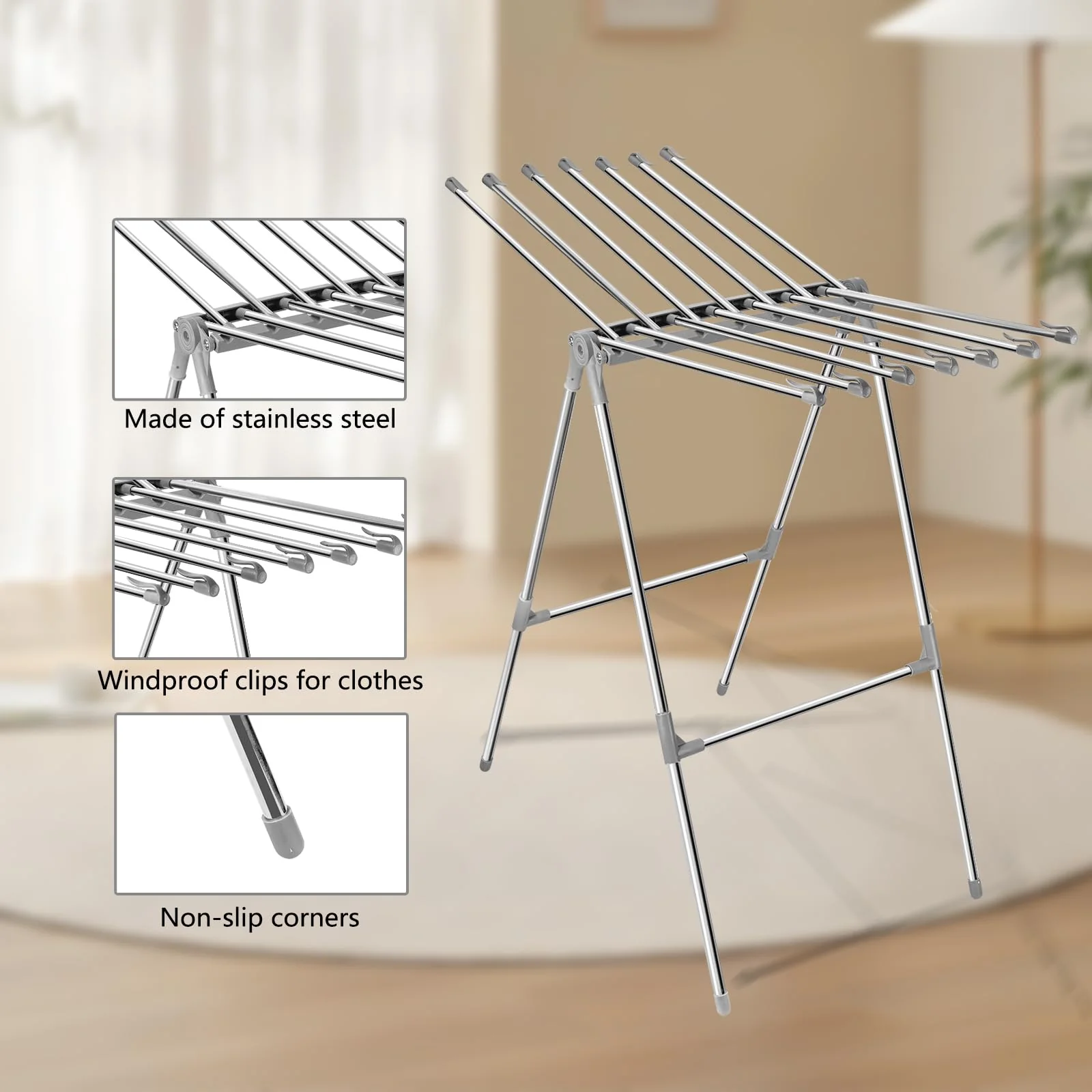 Sinbide Wäscheständer Interieur Faltbarer Wäscheständer mit 2 Flügeln Wäscheständer Edelstahl Standtrockner Gewichtskapazität 10kg Wäschetrockner mit Clip Windschutz Wäschetrockner Outdoor - Image 3