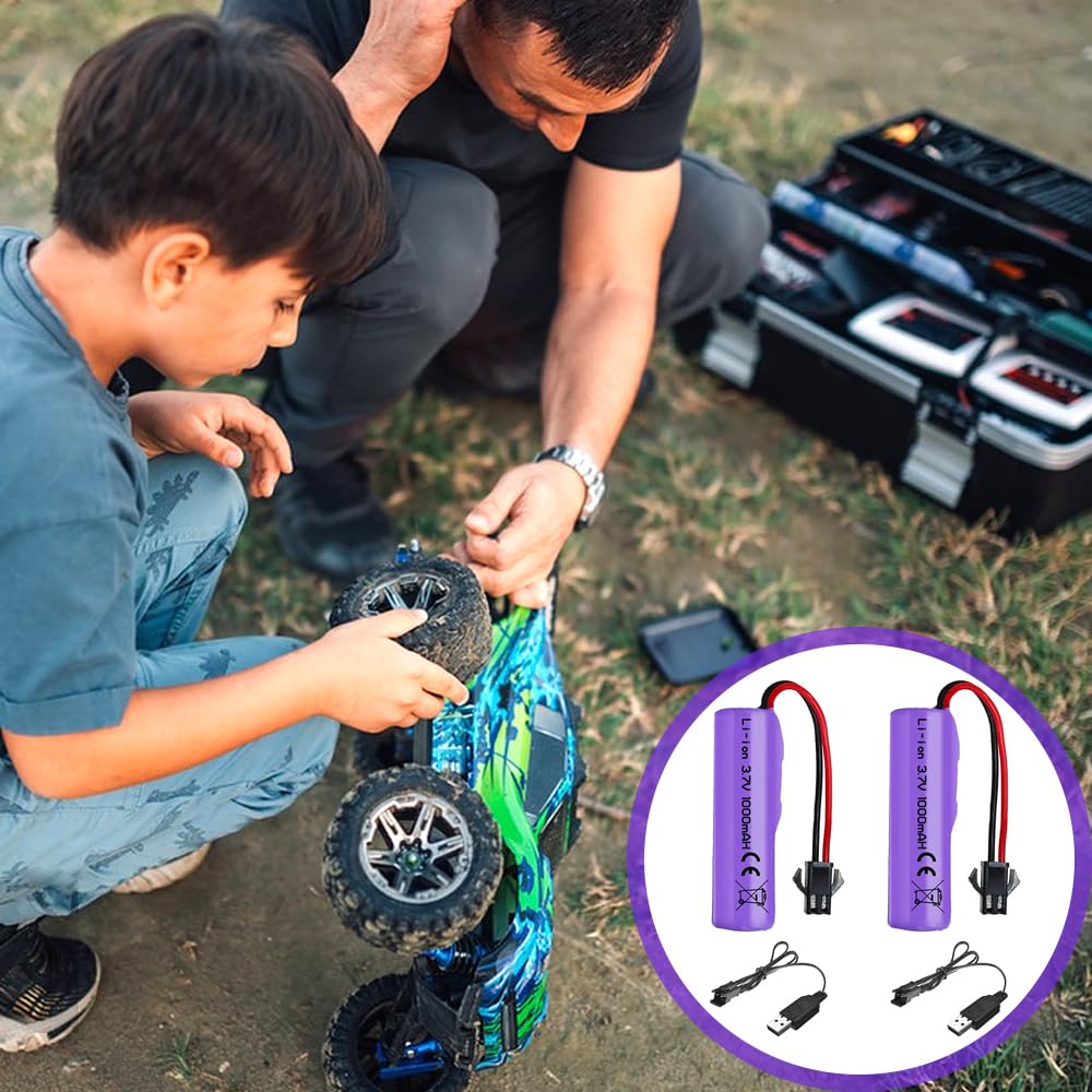 SKIKHN 2 Stück 1000mAh 3.7V RC Akku, Wiederaufladbare Lithium-Batterien mit UBS Ladekabel SM-2P Stecker, Universal Li-Ion Battery Compatible Für RC Fahrzeuge, Boote, Panzer, Auto, Roboter, Stunt Car - Image 2