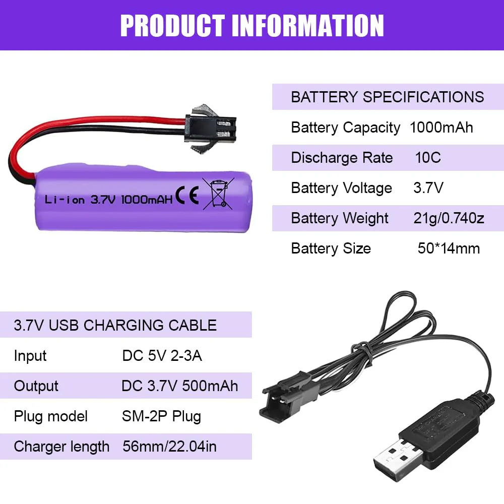 SKIKHN 2 Stück 1000mAh 3.7V RC Akku, Wiederaufladbare Lithium-Batterien mit UBS Ladekabel SM-2P Stecker, Universal Li-Ion Battery Compatible Für RC Fahrzeuge, Boote, Panzer, Auto, Roboter, Stunt Car - Image 4