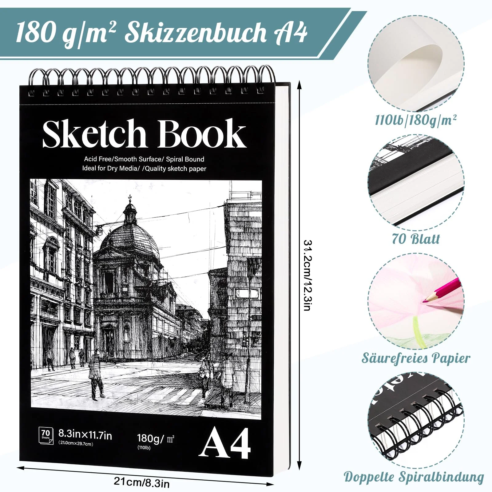 Skizzenbuch A4, 180g/m² Skizzenpapier zum Zeichnen Sketch Book Zeichenpapier Spiralbindung zum Skizzieren Illustration Zeichenen (70 Blatt/140 Seiten) - Image 7