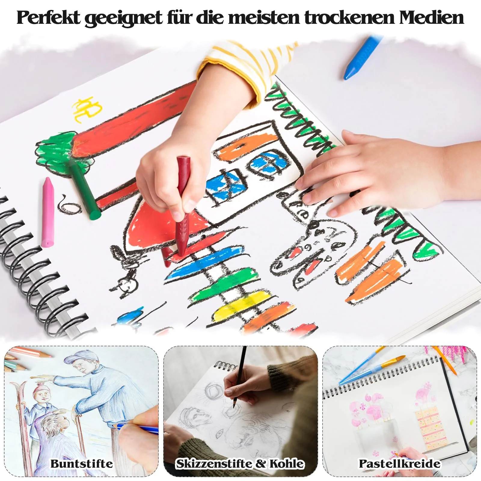 Skizzenbuch A4, Zeichenblock Skizzenpapier Zum Zeichnen Malblock 200g/m² Dickes Papier Spiralbindung für Künstler Kinder Studenten (60 Blatt/120 Seiten) - Image 2
