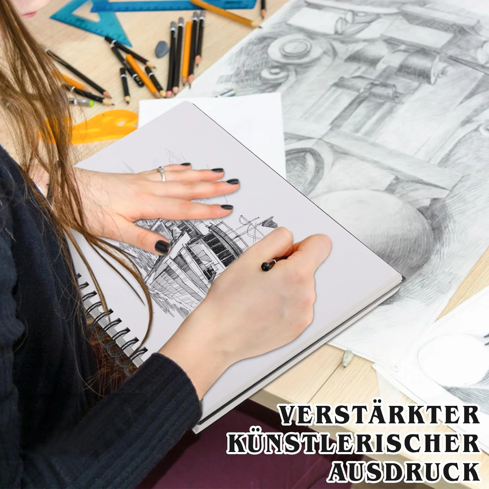 Skizzenbuch A4, Zeichenblock Skizzenpapier Zum Zeichnen Malblock 200g/m² Dickes Papier Spiralbindung für Künstler Kinder Studenten (60 Blatt/120 Seiten) - Image 4