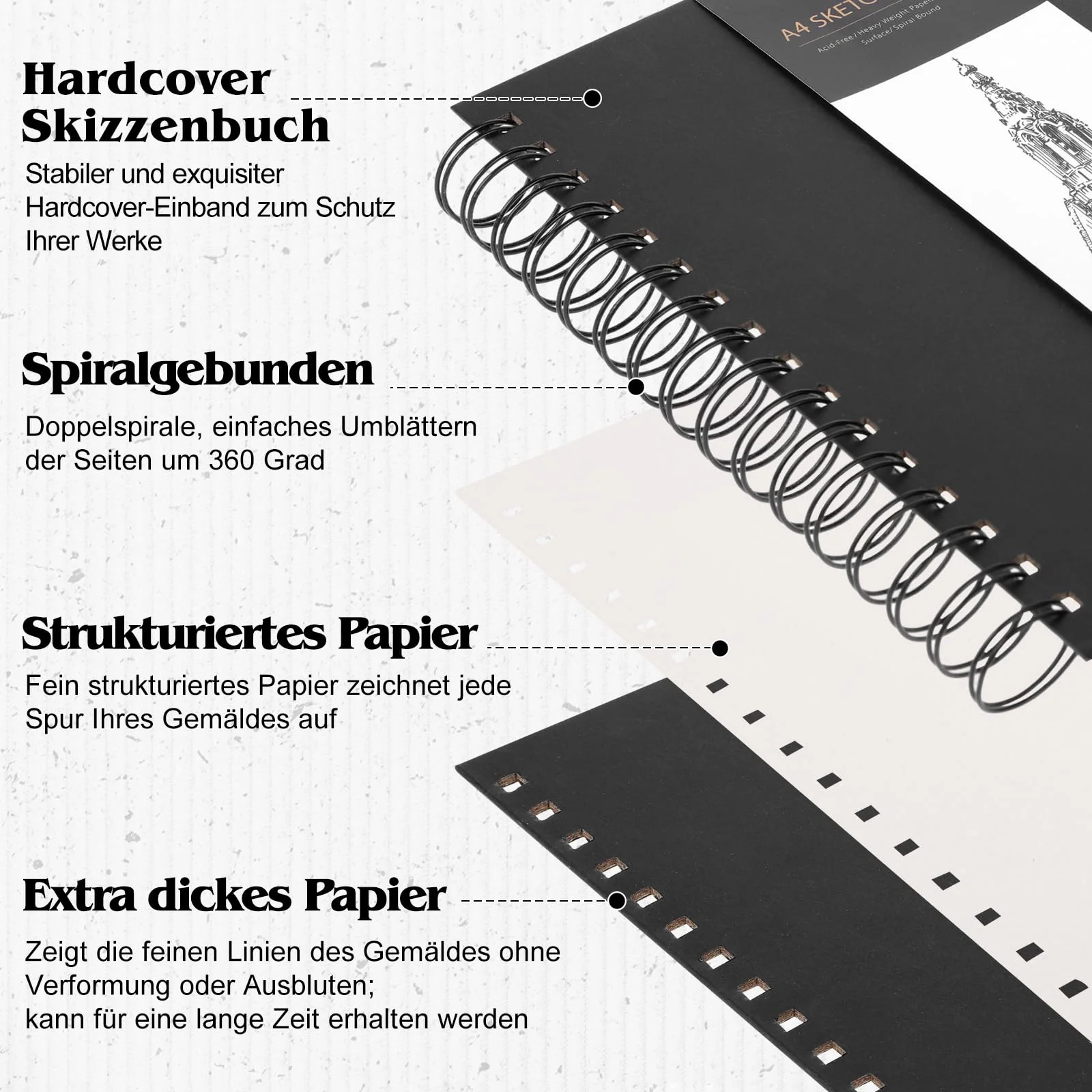 Skizzenbuch A4, Zeichenblock Skizzenpapier Zum Zeichnen Malblock 200g/m² Dickes Papier Spiralbindung für Künstler Kinder Studenten (60 Blatt/120 Seiten) - Image 5