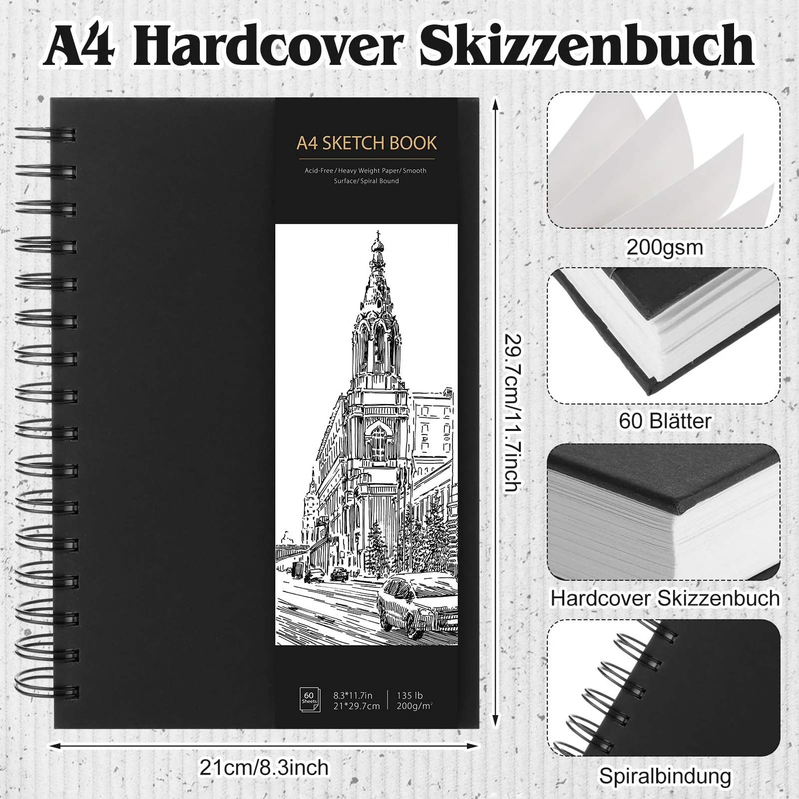 Skizzenbuch A4, Zeichenblock Skizzenpapier Zum Zeichnen Malblock 200g/m² Dickes Papier Spiralbindung für Künstler Kinder Studenten (60 Blatt/120 Seiten) - Image 6