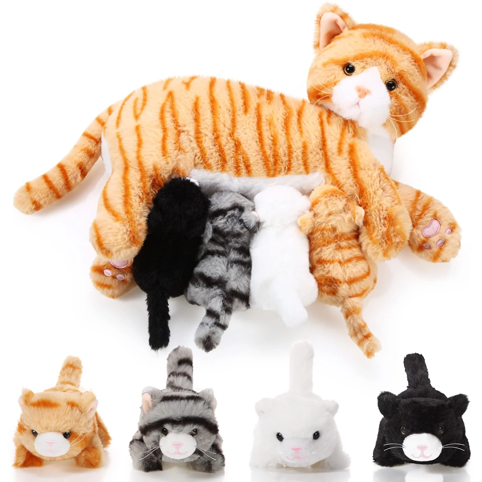 Skylety Pflegendes Katze Stofftier Mit Plüsch Kätzchen Kuscheltier Plushie Kätzchen Mama Katze Plueschtier mit 4 Baby Kuschelkatze für Geburtstag Spielzeug(Süßer Stil)