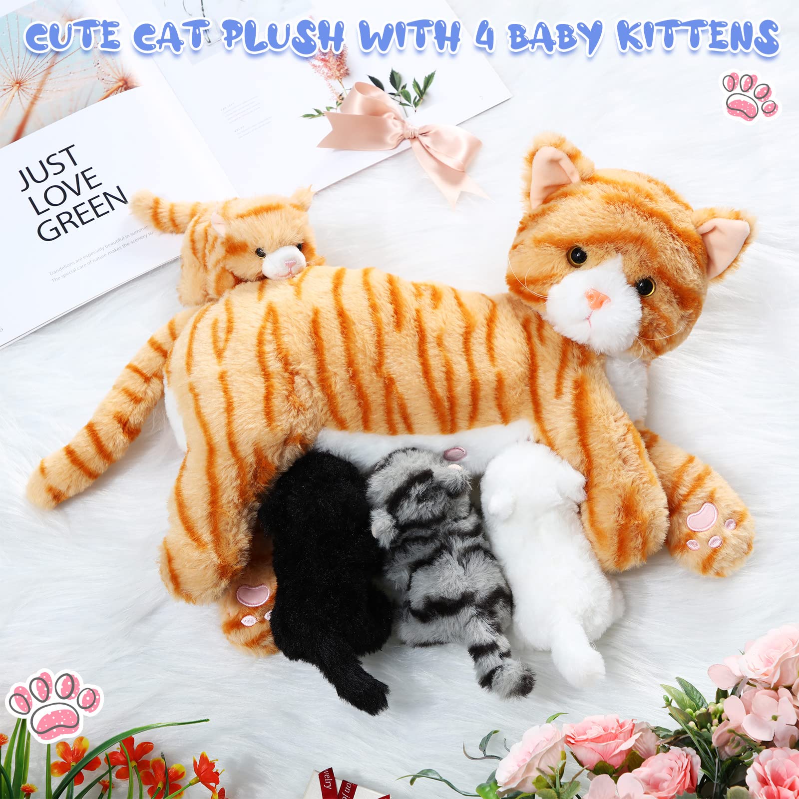 Skylety Pflegendes Katze Stofftier Mit Plüsch Kätzchen Kuscheltier Plushie Kätzchen Mama Katze Plueschtier mit 4 Baby Kuschelkatze für Geburtstag Spielzeug(Süßer Stil) - Image 3