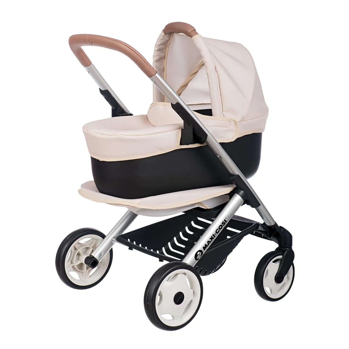 Smoby - Maxi-Cosi 3-in-1 Puppenwagen, Tragekorb + Buggy - für Puppen bis 42 cm (Nicht enthalten) - frei drehbare Vorderräder, Stauraumkorb - ab 3 Jahren - Stabiler Metallrahmen, produziert in Spanien