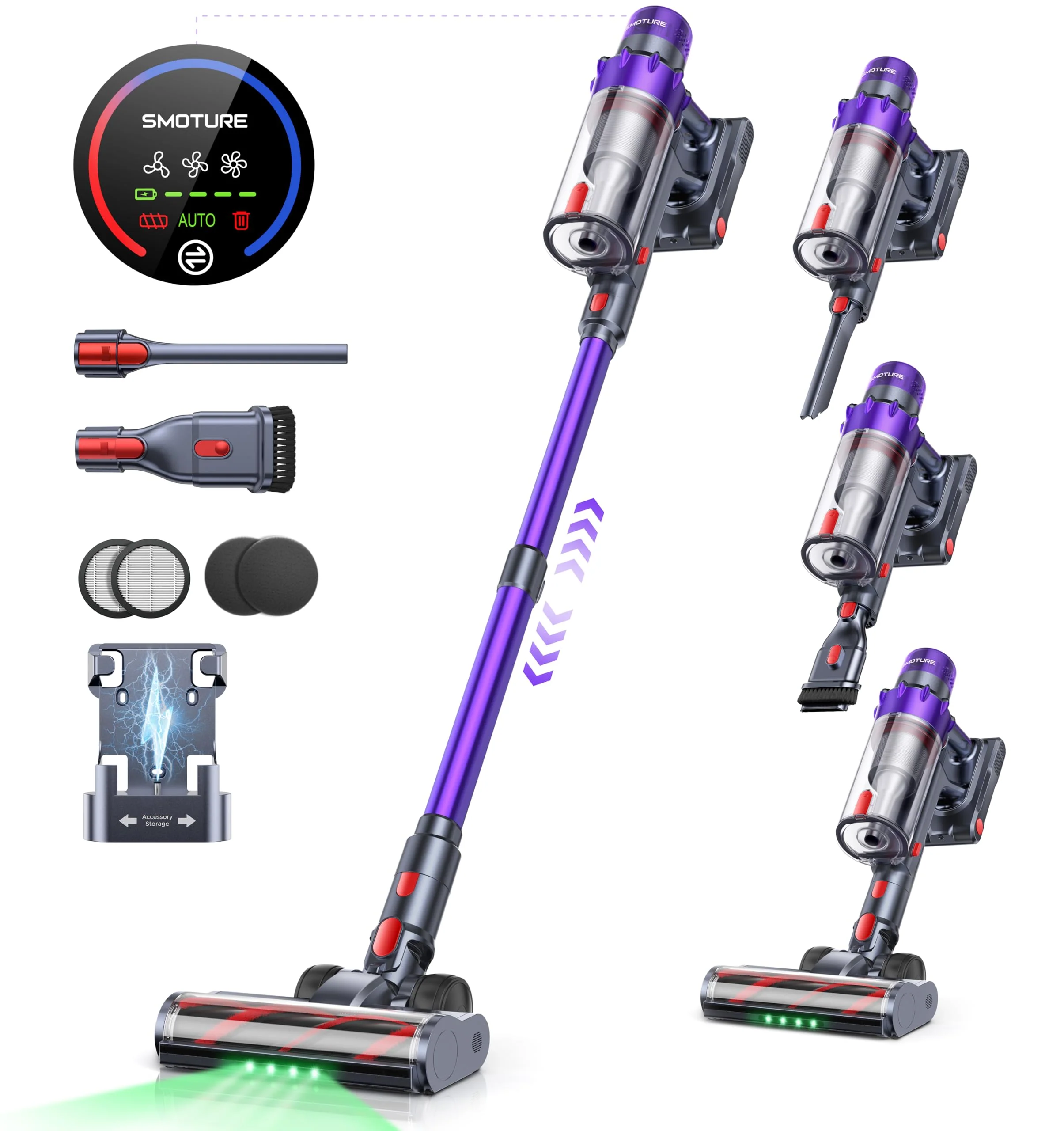 SMOTURE Akku Staubsauger, 550W 45KPA 60 Min. Laufzeit Selbststehender Staubsauger für Zuhause, Staubsauger Kabellos mit Wandmontierte Ladestation,Automatikmodus,Abnehmbare Akku,Touchscreen - Image 5