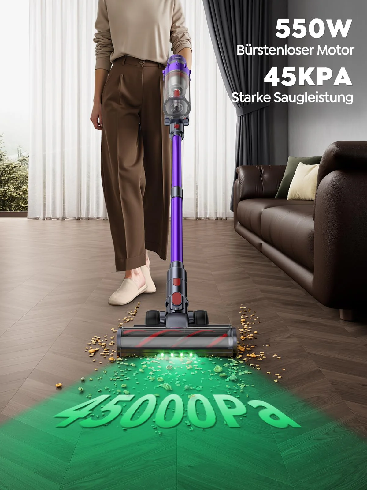 SMOTURE Akku Staubsauger, 550W 45KPA 60 Min. Laufzeit Selbststehender Staubsauger für Zuhause, Staubsauger Kabellos mit Wandmontierte Ladestation,Automatikmodus,Abnehmbare Akku,Touchscreen - Image 8