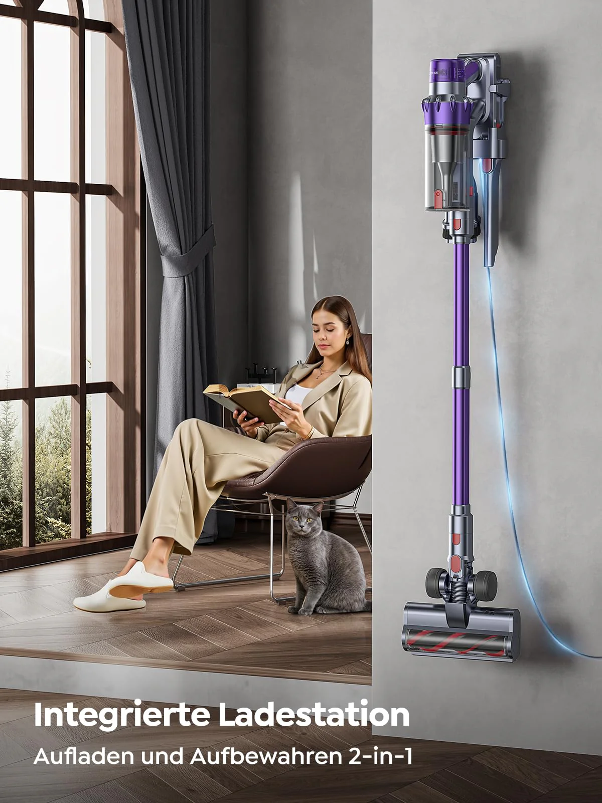 SMOTURE Akku-Staubsauger, 600 W, 50 kPa, leistungsstarker Stabstaubsauger, 65 Minuten Laufzeit, Leichter Staubsauger ohne Kabelverwicklungen für Hartböden, Teppiche und Tierhaare - Image 2