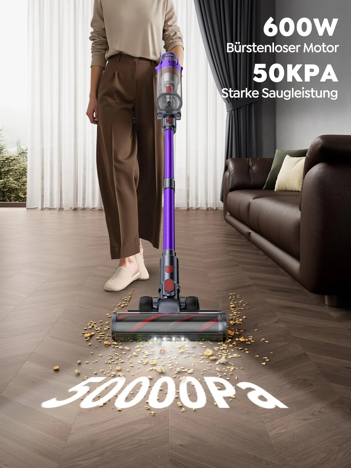 SMOTURE Akku-Staubsauger, 600 W, 50 kPa, leistungsstarker Stabstaubsauger, 65 Minuten Laufzeit, Leichter Staubsauger ohne Kabelverwicklungen für Hartböden, Teppiche und Tierhaare - Image 5