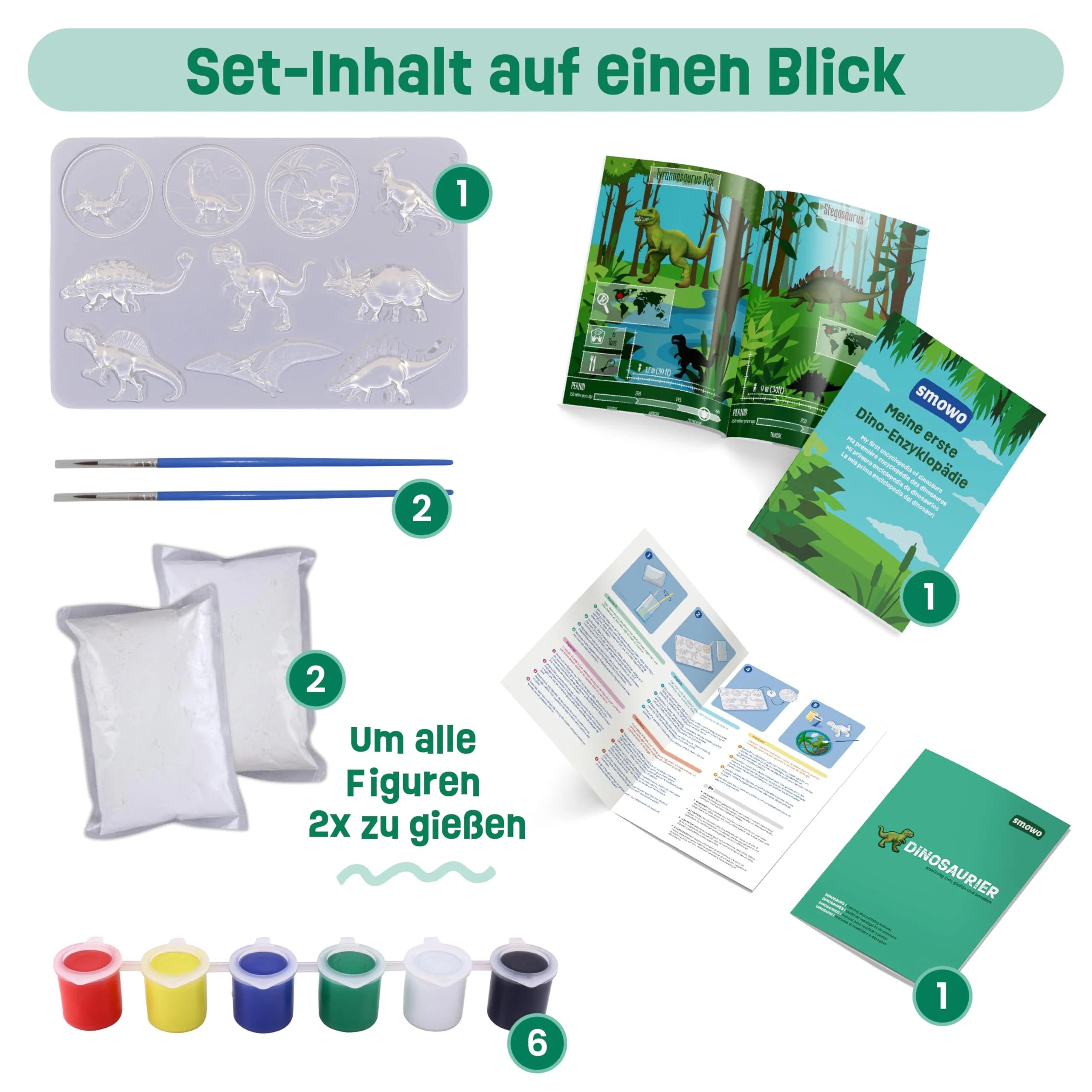 Smowo® 10 Dinosaurier Gipsfiguren zum Gießen und Bemalen - Dino Gips Bastelset inklusive Enzyklopädie - Geschenk zum Basteln für Jungen und Mädchen - Image 5
