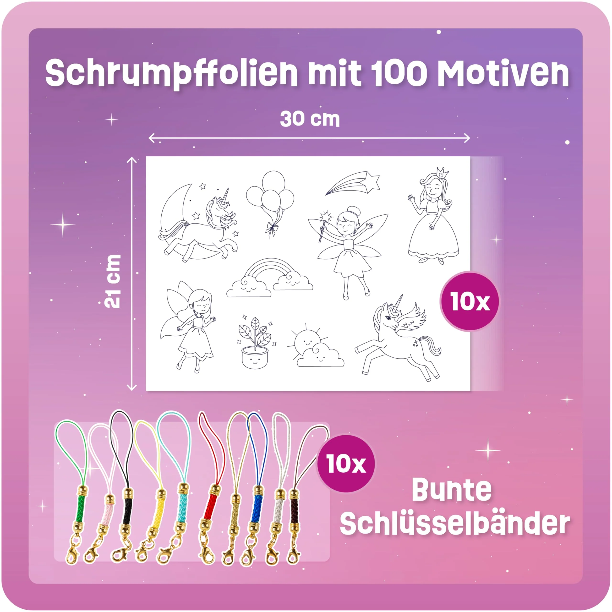 Smowo® 10 Schrumpffolien mit Einhorn Motiven & Schlüsselanhängern - Zauberhaftes Bastelset für Mädchen - Schrumpfende Plastikfolien mit 100 schönen Designs - Image 7