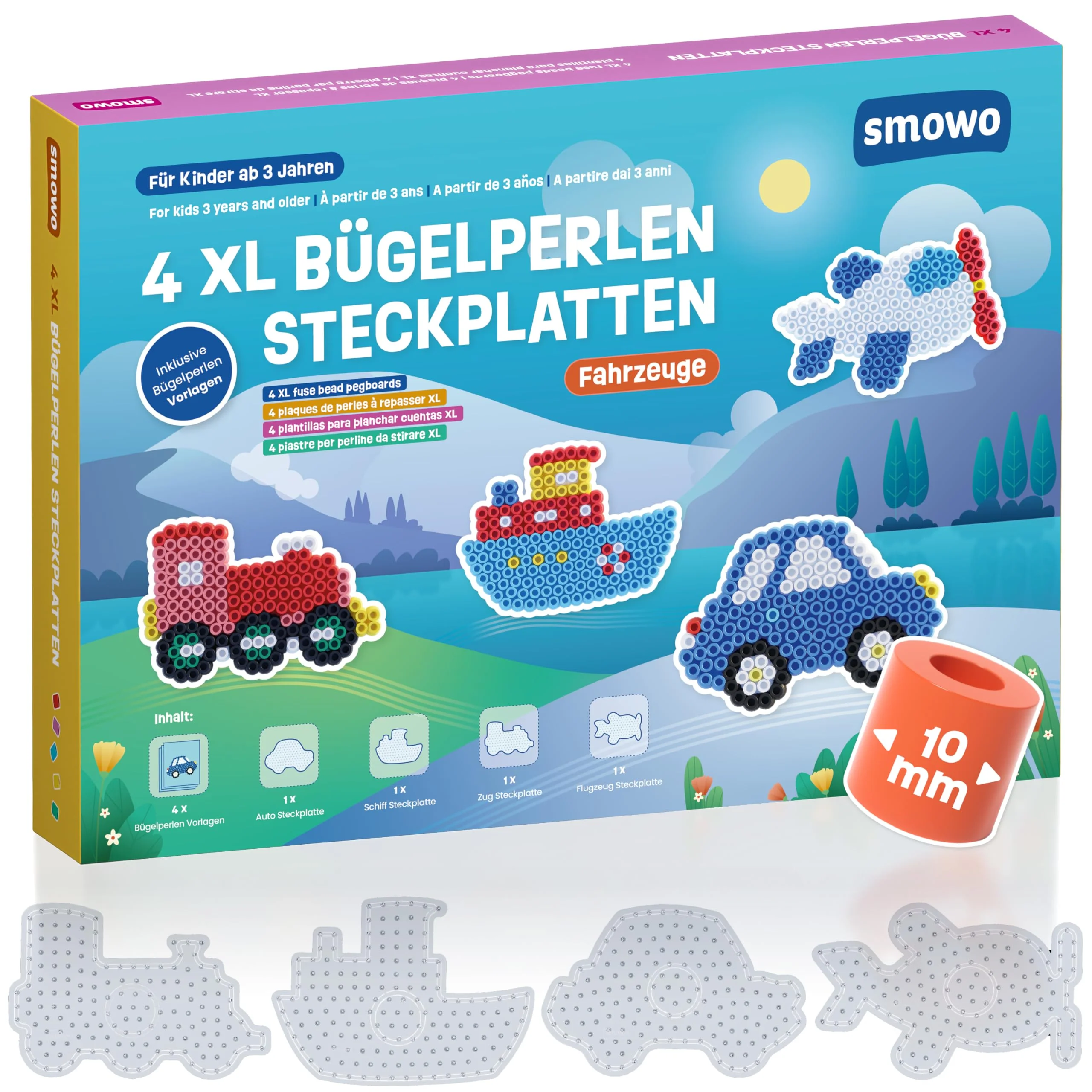 Smowo® 10mm Bügelperlen Steckplatten Fahrzeuge - Set mit 4 Platten und Vorlagen - Auto, Schiff, Zug, Flugzeug - Große Stiftplatten für Kinder ab 3 Jahren