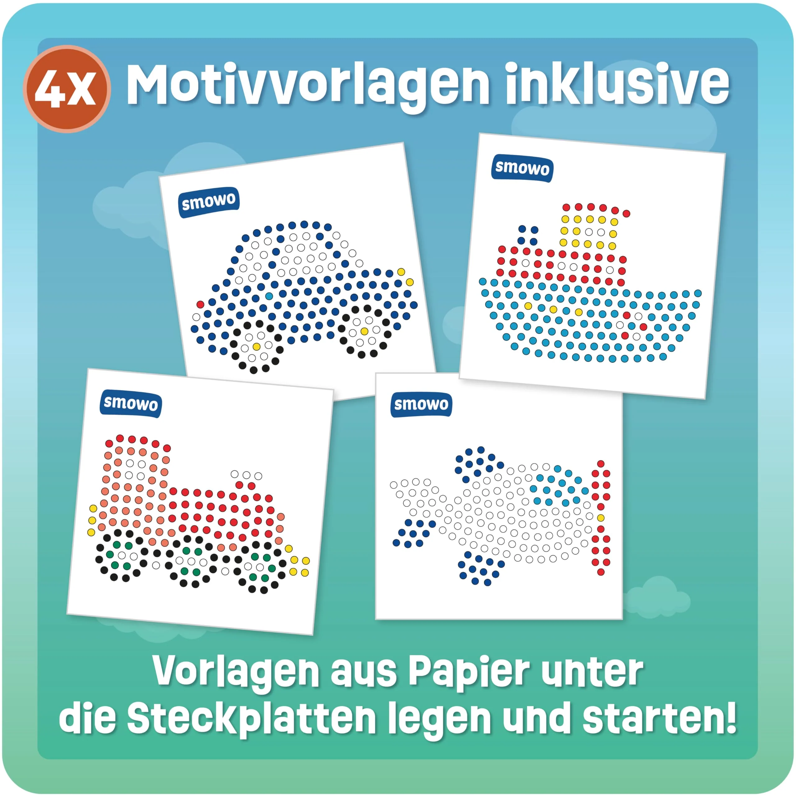 Smowo® 10mm Bügelperlen Steckplatten Fahrzeuge - Set mit 4 Platten und Vorlagen - Auto, Schiff, Zug, Flugzeug - Große Stiftplatten für Kinder ab 3 Jahren - Image 6