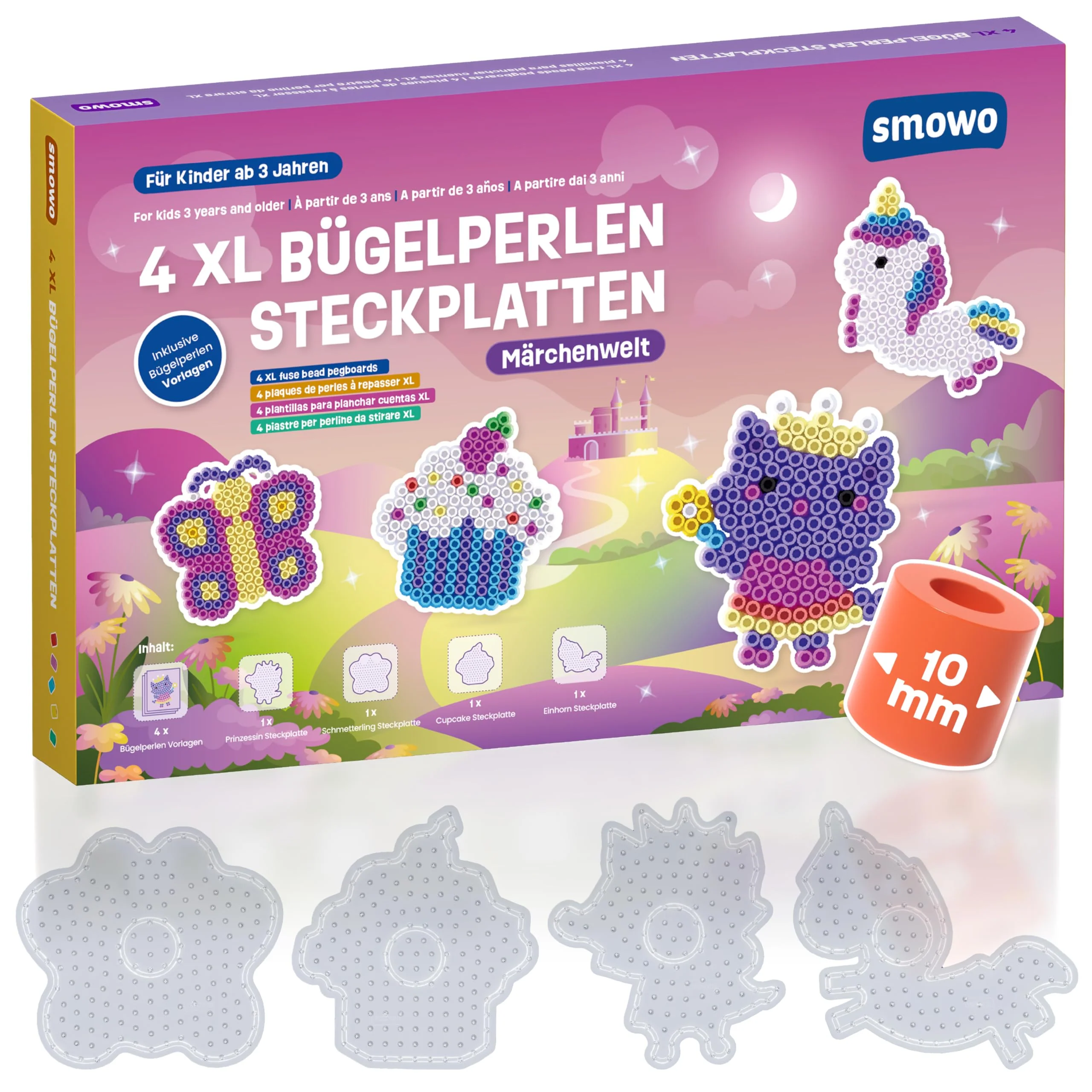 Smowo® 10mm Bügelperlen Steckplatten Märchenwelt - Set mit 4 Platten und Vorlagen - Einhorn, Prinzessin, Schmetterling, Cupcake - Große Stiftplatten für Kinder ab 3 Jahren