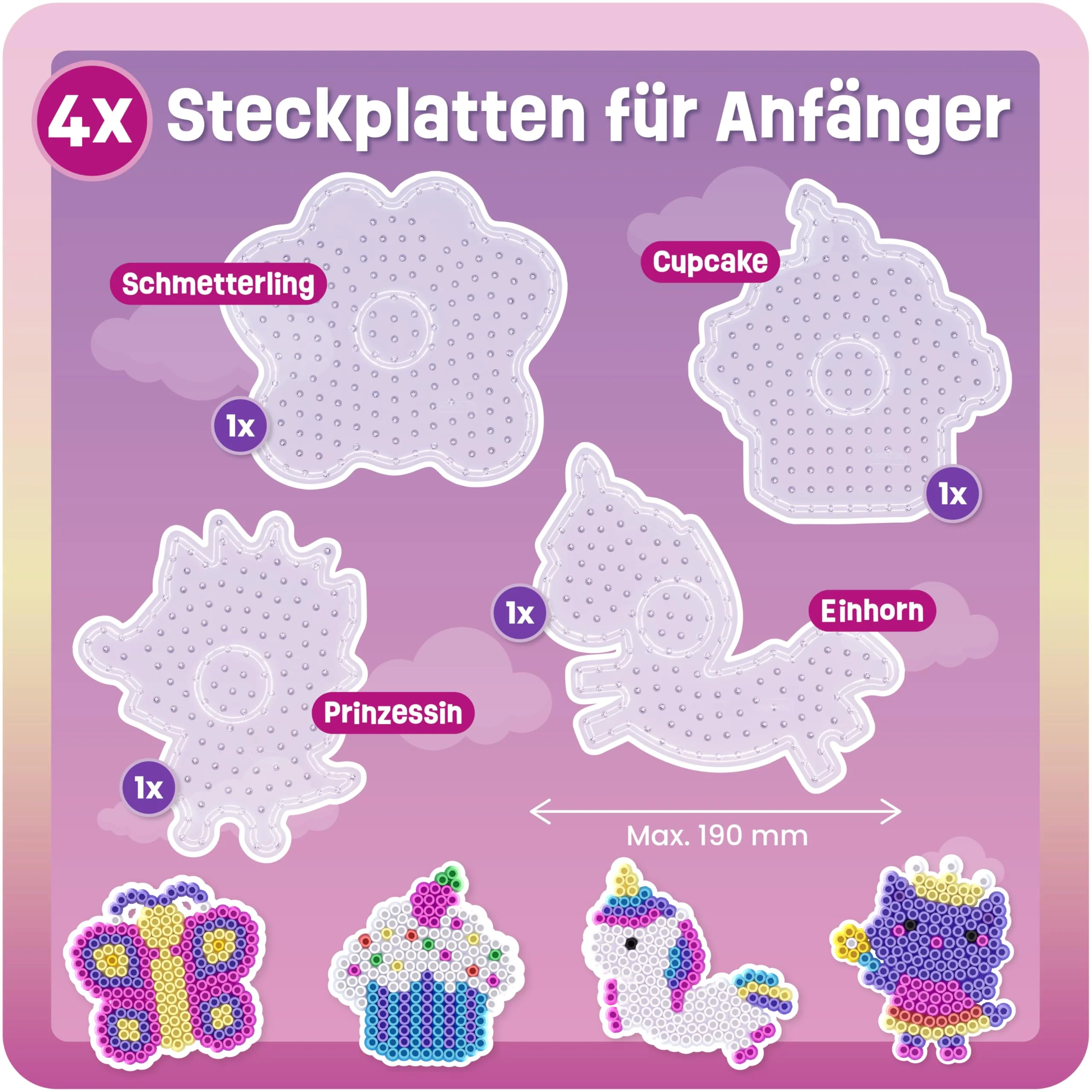 Smowo® 10mm Bügelperlen Steckplatten Märchenwelt - Set mit 4 Platten und Vorlagen - Einhorn, Prinzessin, Schmetterling, Cupcake - Große Stiftplatten für Kinder ab 3 Jahren - Image 7