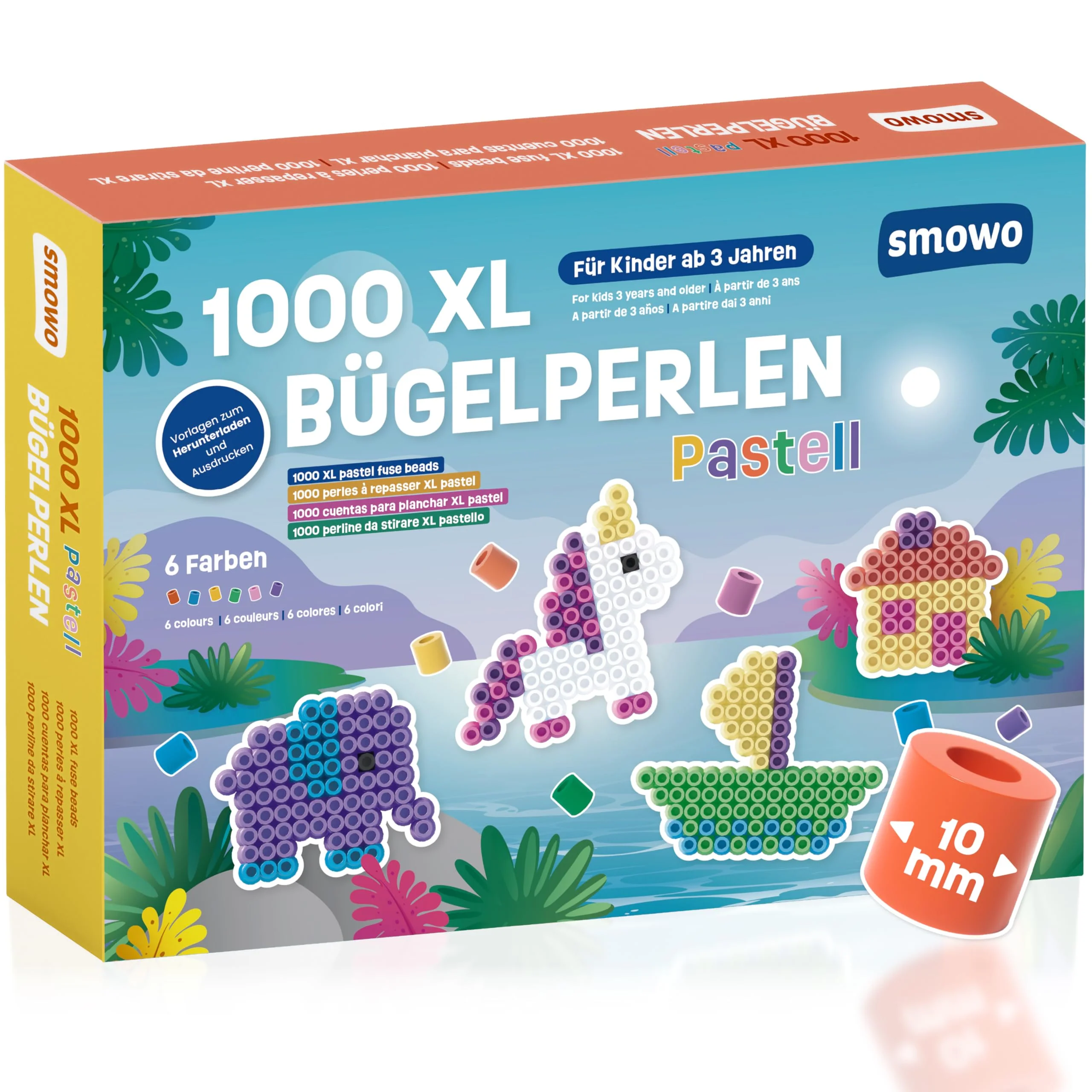 Smowo® Große 10mm Bügelperlen 1000 Stück für Kinder ab 3 Jahren - 6 Pastell Farben XL Steckperlen - Kreatives Perlenset