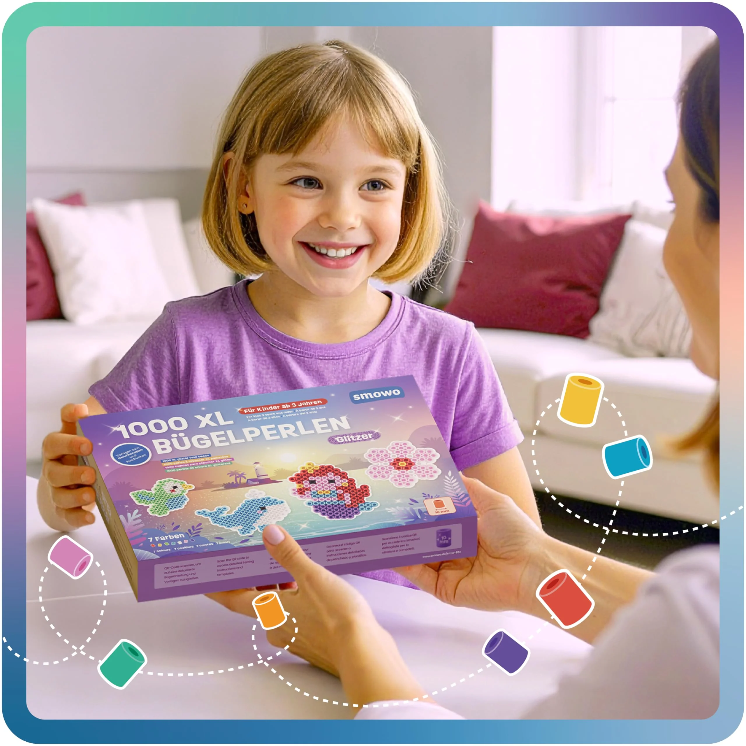 Smowo® Große 10mm Glitzer Bügelperlen 1000 Stück für Kinder ab 3 Jahren - 7 bunte Farben XL Steckperlen - Kreatives Perlenset - Image 2