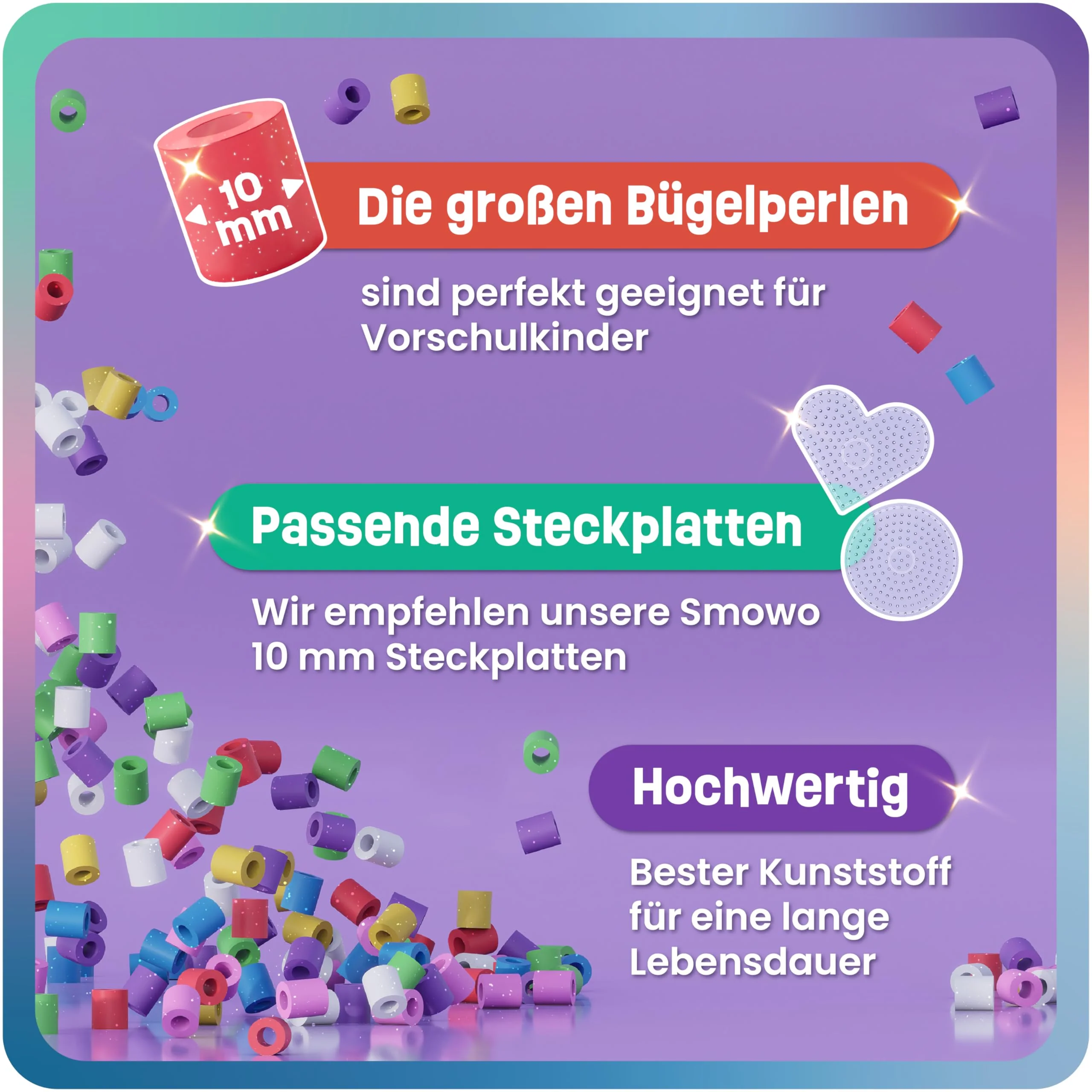 Smowo® Große 10mm Glitzer Bügelperlen 1000 Stück für Kinder ab 3 Jahren - 7 bunte Farben XL Steckperlen - Kreatives Perlenset - Image 3