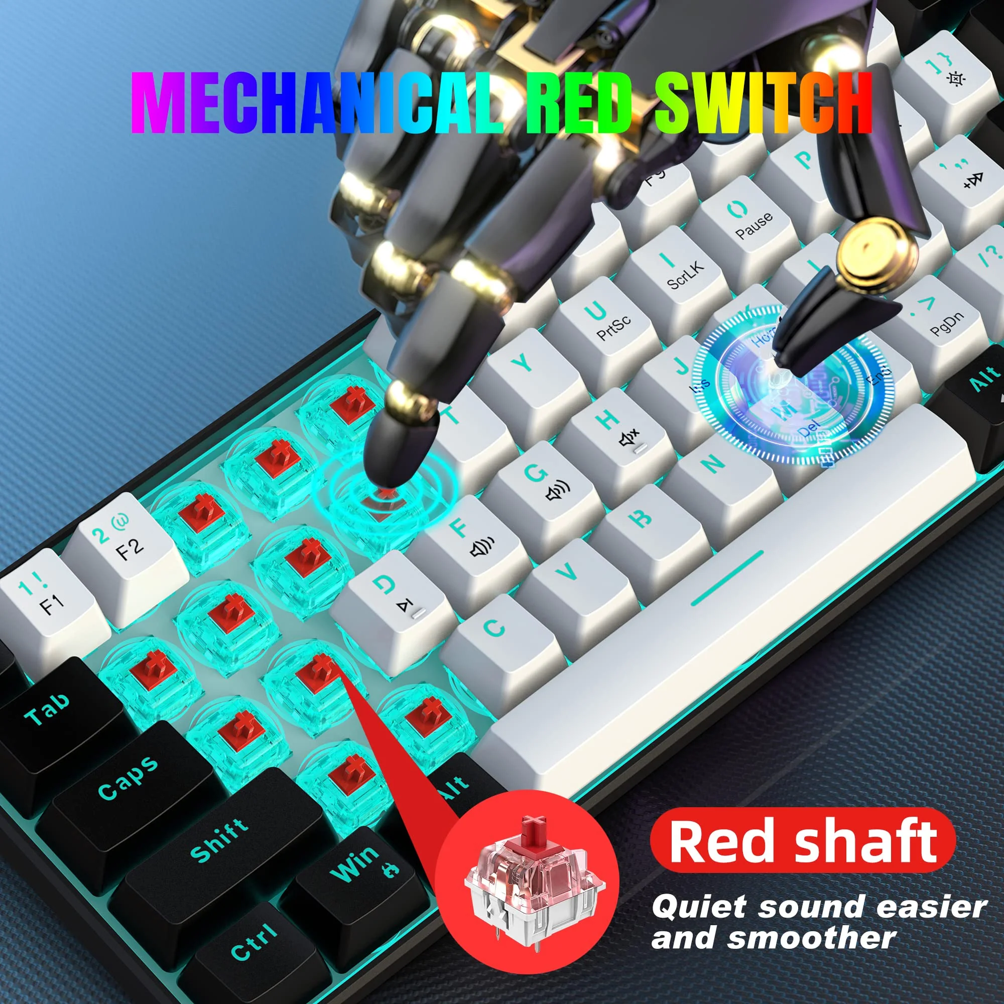 Snpurdiri 60% kabelgebundene mechanische Gaming-Tastatur, 61 Anti-Ghosting-Tasten, Blaue LED-Hintergrundbeleuchtung, ultrakompakte Zwei Ständer (Roter Schalter/Schwarz Weiß) - Image 3