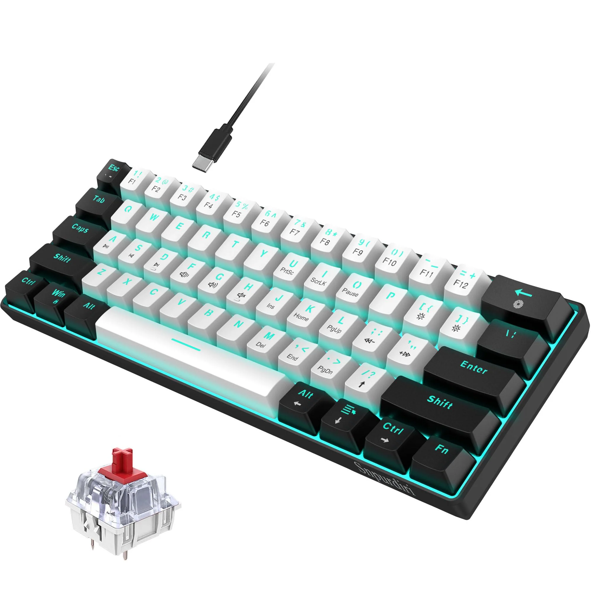 Snpurdiri 60% kabelgebundene mechanische Gaming-Tastatur, 61 Anti-Ghosting-Tasten, Blaue LED-Hintergrundbeleuchtung, ultrakompakte Zwei Ständer (Roter Schalter/Schwarz Weiß) - Image 8