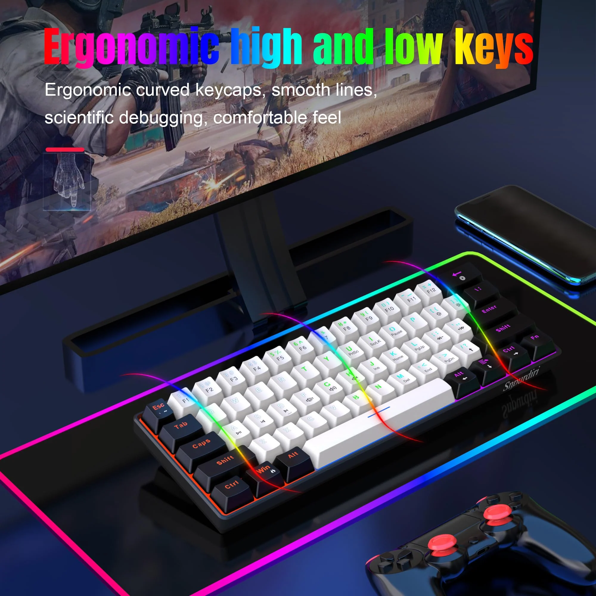Snpurdiri 60% kabelgebundene mechanische Gaming-Tastatur, 61 Anti-Ghosting-Tasten, RGB-Hintergrundbeleuchtung, ultrakompakte Blaue Schalter, Zwei Ständer, schwarz-weiß - Image 2