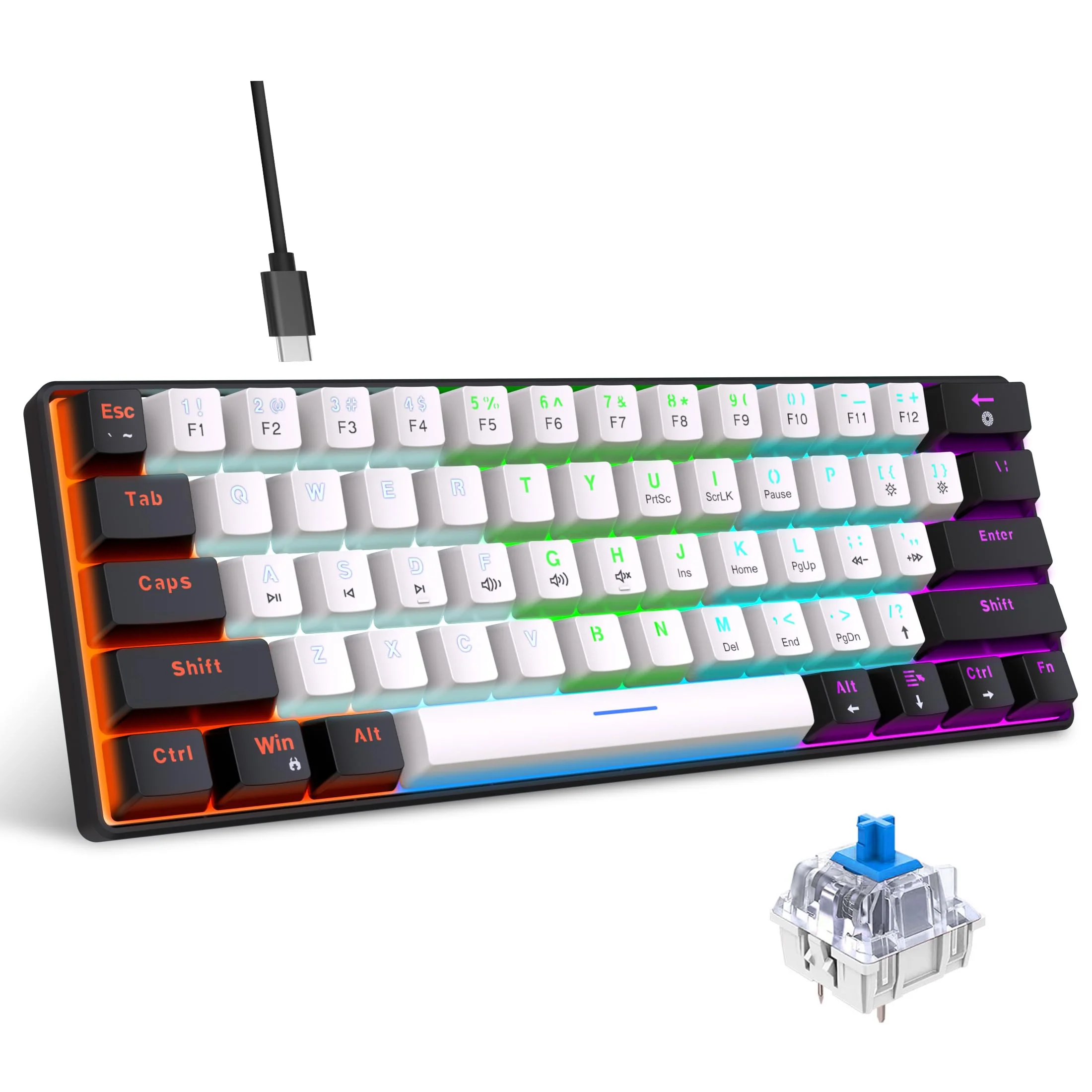 Snpurdiri 60% kabelgebundene mechanische Gaming-Tastatur, 61 Anti-Ghosting-Tasten, RGB-Hintergrundbeleuchtung, ultrakompakte Blaue Schalter, Zwei Ständer, schwarz-weiß - Image 3