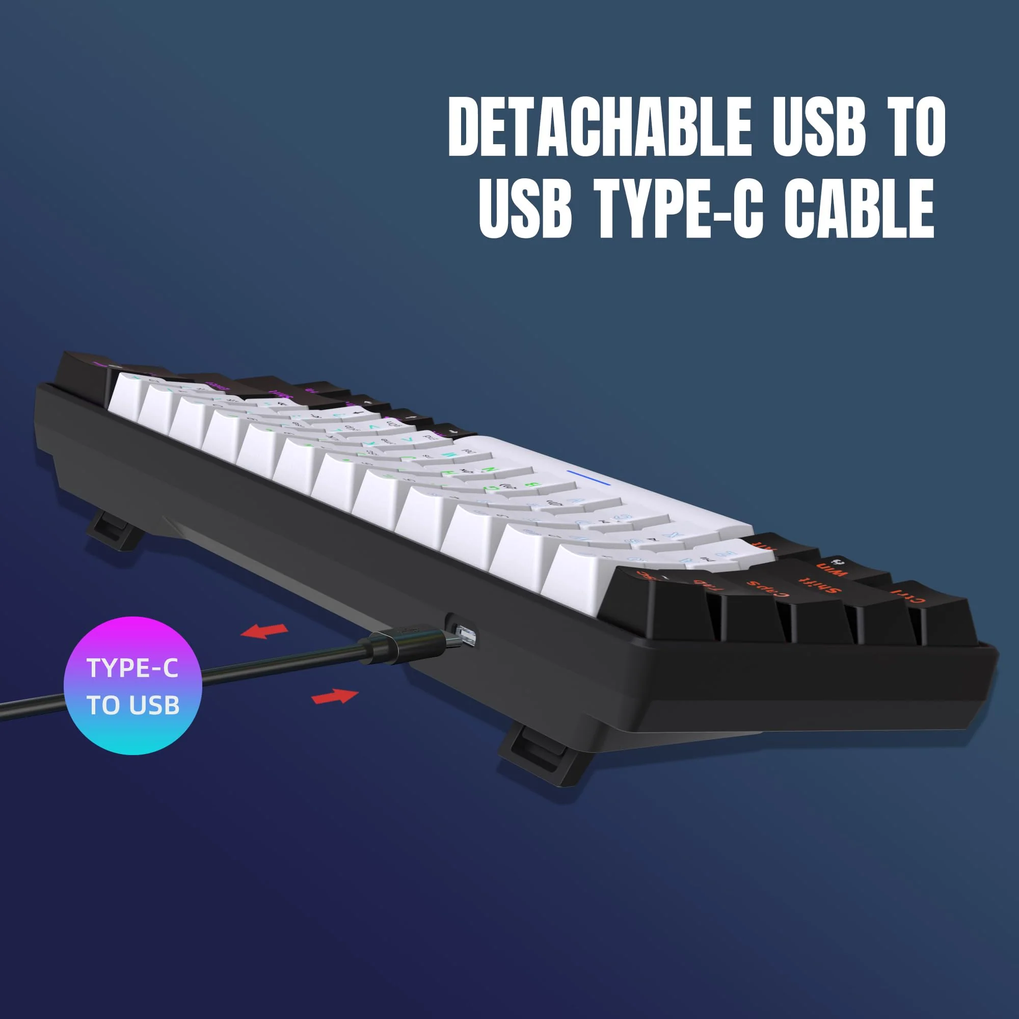 Snpurdiri 60% kabelgebundene mechanische Gaming-Tastatur, 61 Anti-Ghosting-Tasten, RGB-Hintergrundbeleuchtung, ultrakompakte Blaue Schalter, Zwei Ständer, schwarz-weiß - Image 4