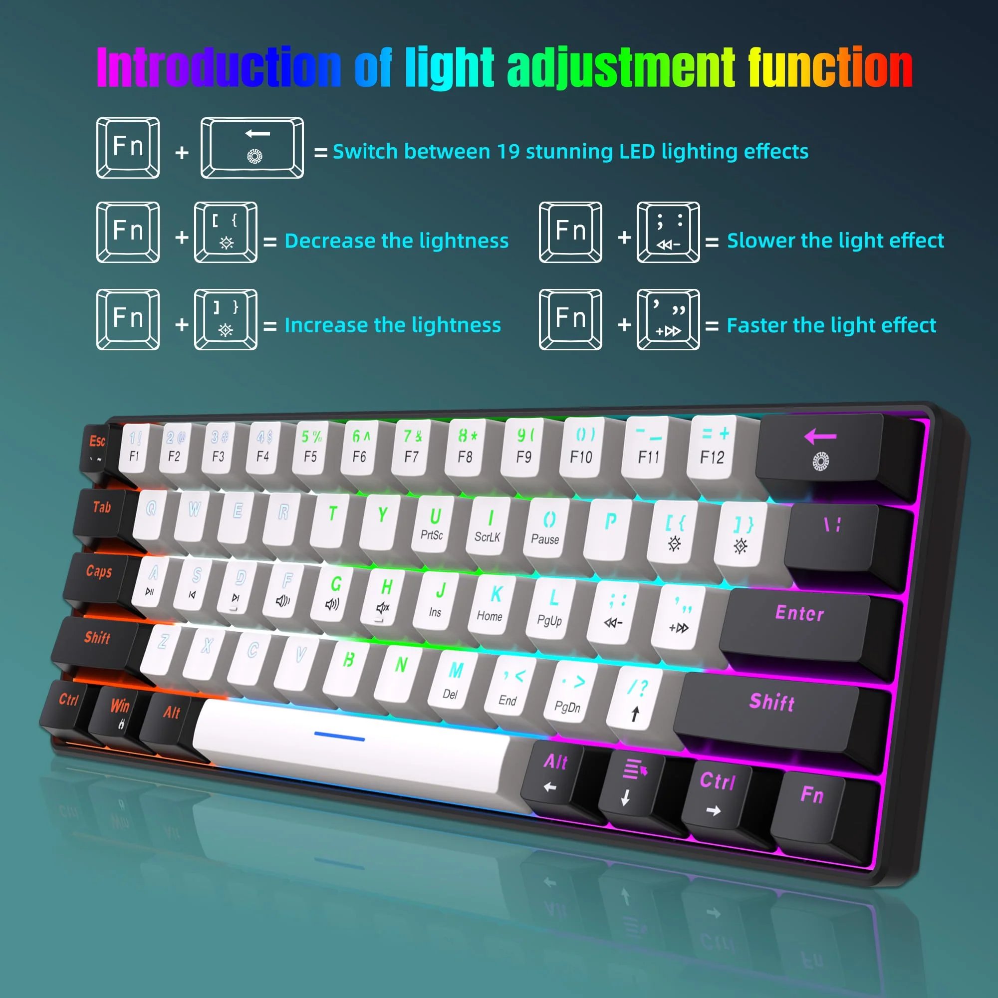 Snpurdiri 60% kabelgebundene mechanische Gaming-Tastatur, 61 Anti-Ghosting-Tasten, RGB-Hintergrundbeleuchtung, ultrakompakte Blaue Schalter, Zwei Ständer, schwarz-weiß - Image 5