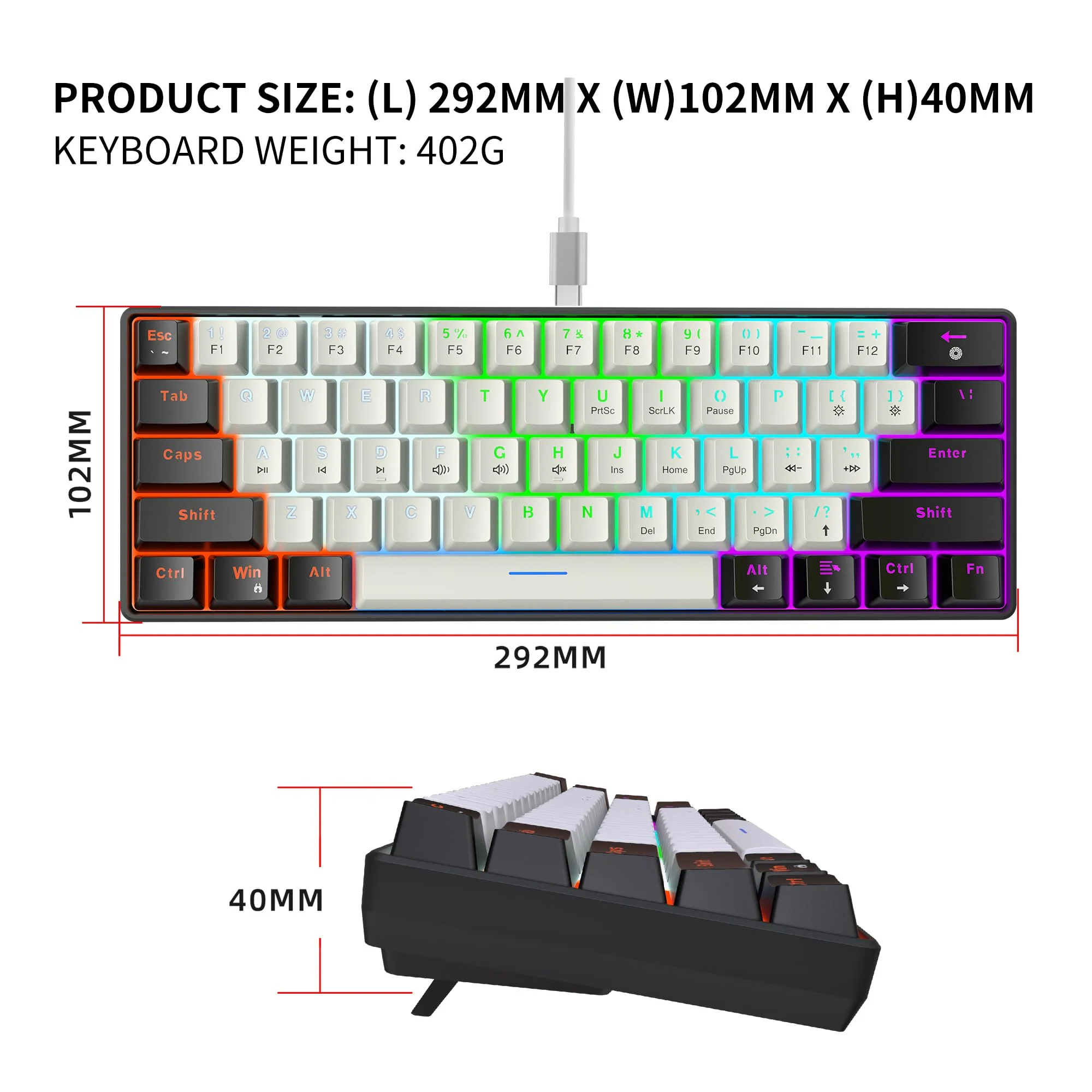 Snpurdiri 60% kabelgebundene mechanische Gaming-Tastatur, 61 Anti-Ghosting-Tasten, RGB-Hintergrundbeleuchtung, ultrakompakte Blaue Schalter, Zwei Ständer, schwarz-weiß - Image 6