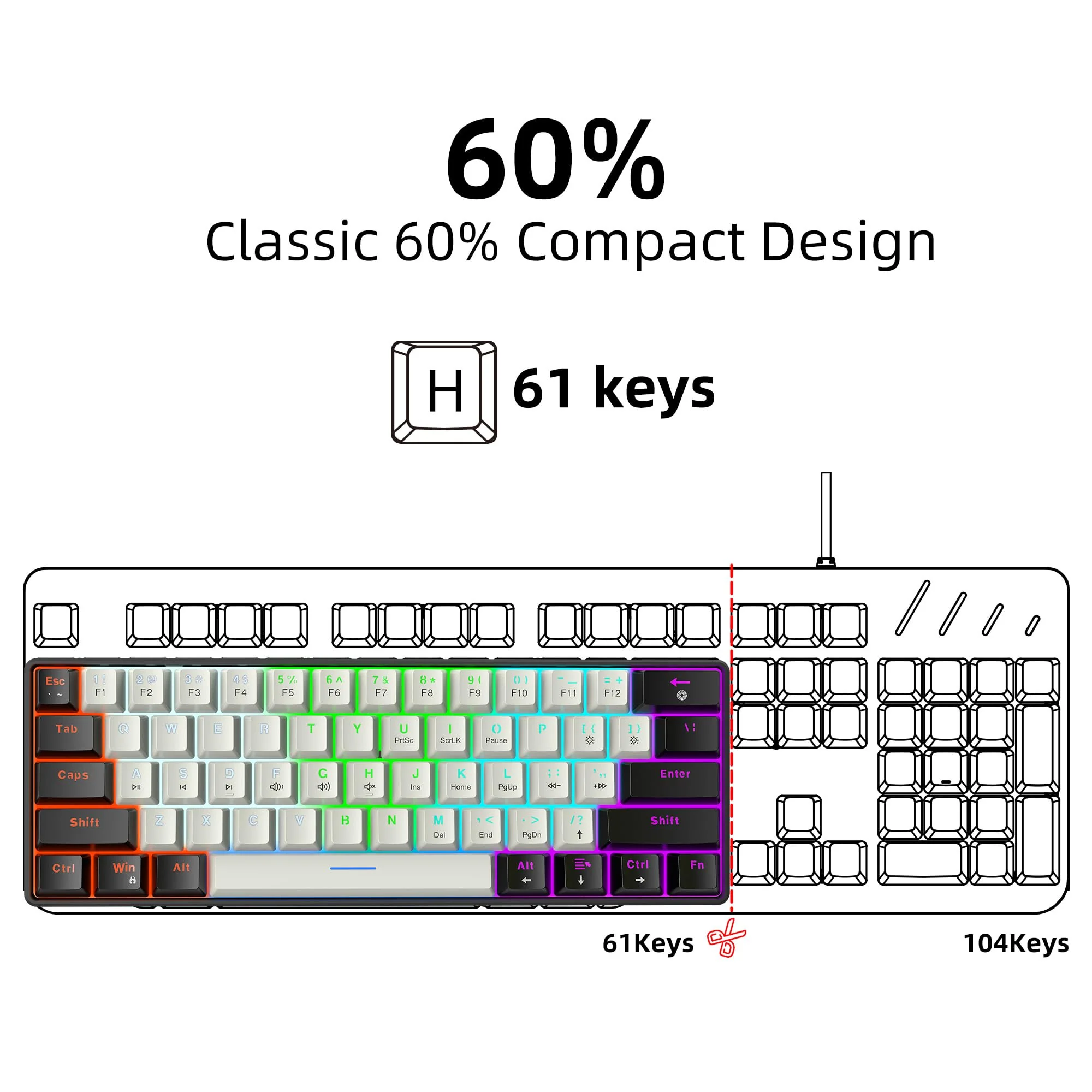 Snpurdiri 60% kabelgebundene mechanische Gaming-Tastatur, 61 Anti-Ghosting-Tasten, RGB-Hintergrundbeleuchtung, ultrakompakte Blaue Schalter, Zwei Ständer, schwarz-weiß - Image 7
