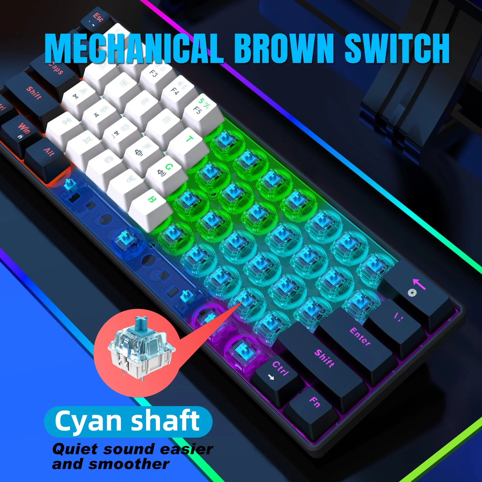 Snpurdiri 60% kabelgebundene mechanische Gaming-Tastatur, 61 Anti-Ghosting-Tasten, RGB-Hintergrundbeleuchtung, ultrakompakte Blaue Schalter, Zwei Ständer, schwarz-weiß - Image 8