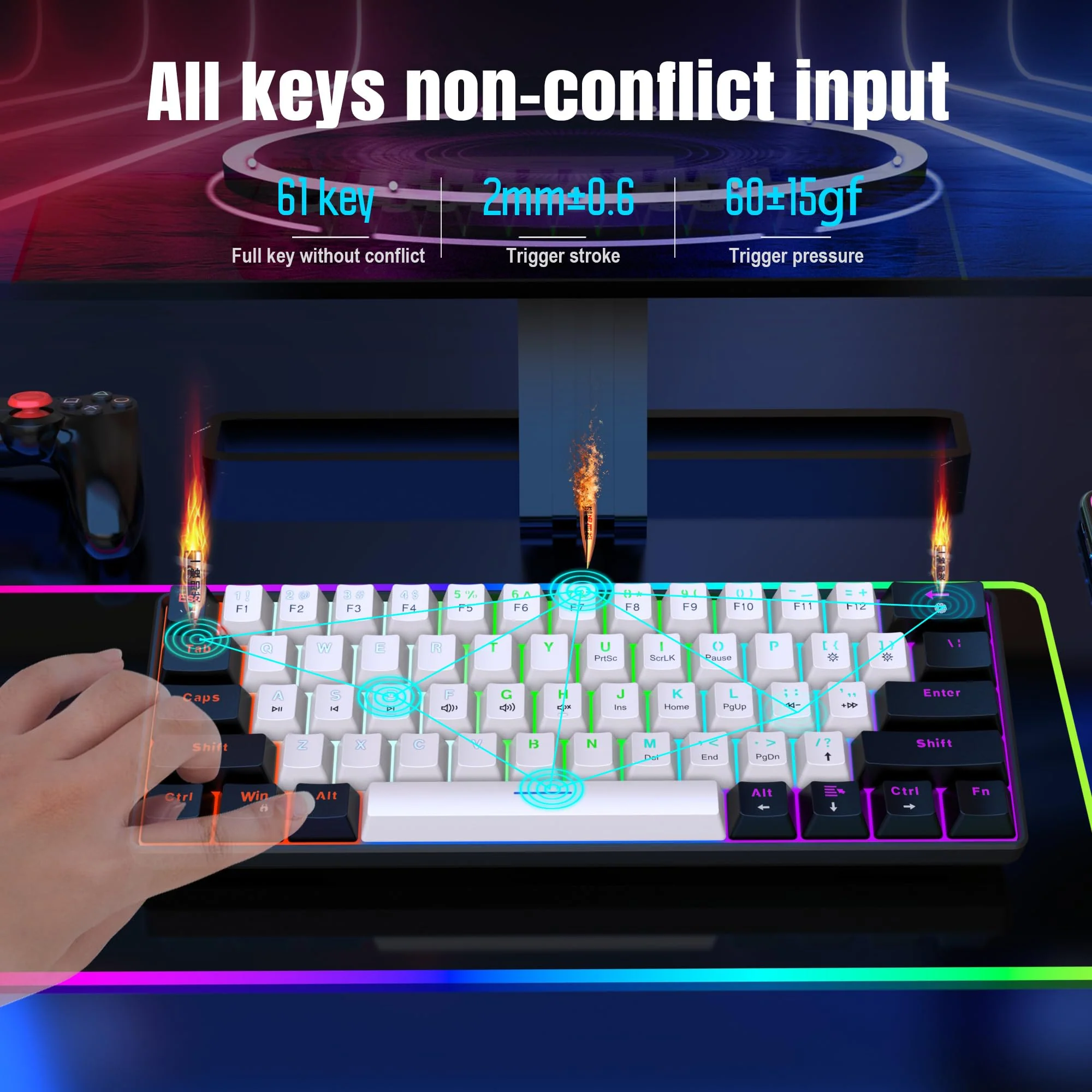 Snpurdiri 60% kabelgebundene mechanische Gaming-Tastatur, 61 Anti-Ghosting-Tasten, RGB-Hintergrundbeleuchtung, ultrakompakte Blaue Schalter, Zwei Ständer, schwarz-weiß - Image 9