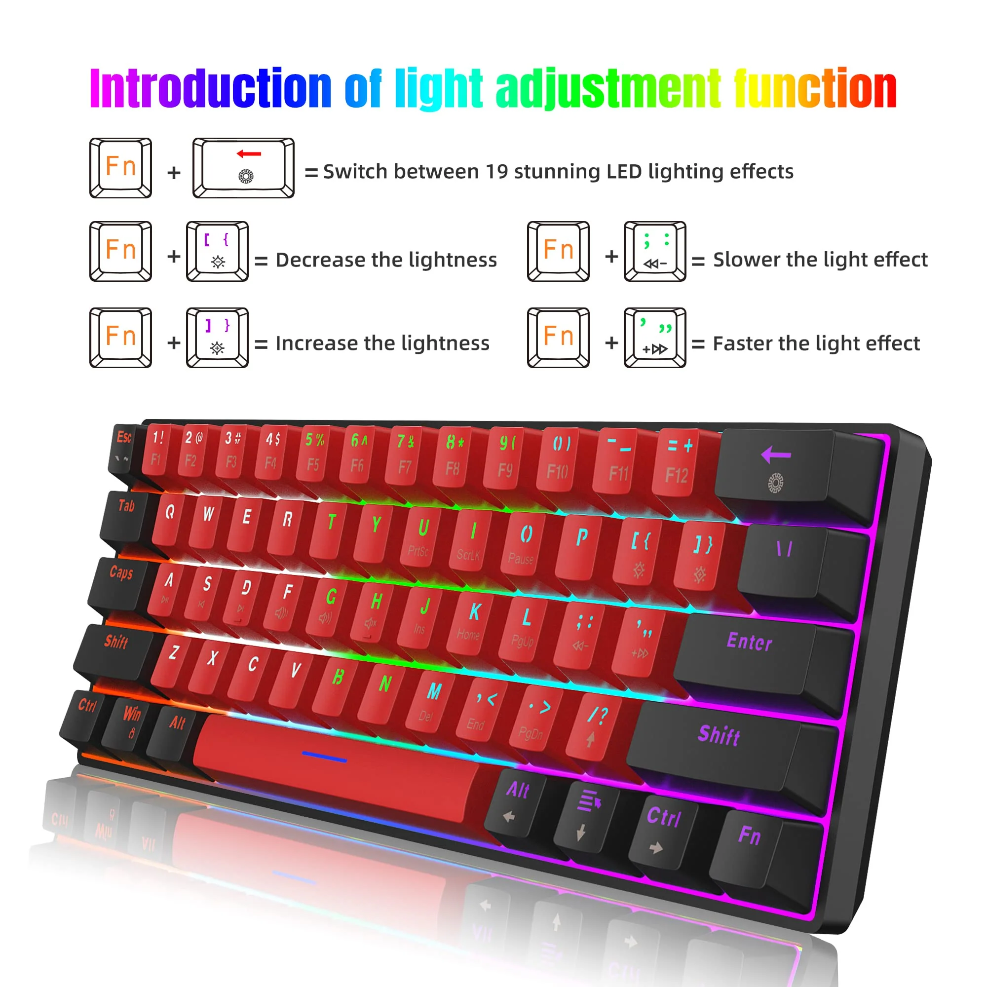 Snpurdiri 60% kabelgebundene mechanische Gaming-Tastatur, 61 Anti-Ghosting-Tasten, RGB-Hintergrundbeleuchtung, ultrakompakte Zwei Ständer (Blauer Schalter/Schwarz Rot) - Image 2