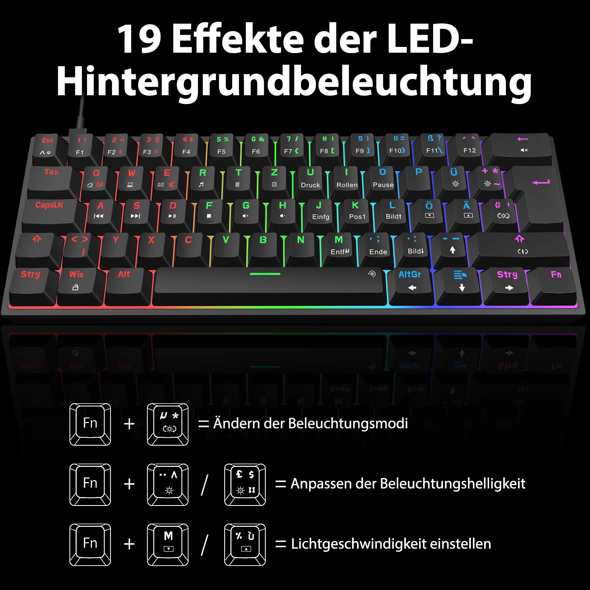 Snpurdiri 60% kabelgebundene mechanische Gaming-Tastatur, 62 Anti-Ghosting-Tasten, Blaue LED-Hintergrundbeleuchtung, ultrakompakte Zwei Stände (Rot Schalter/62 schwarz) - Image 3