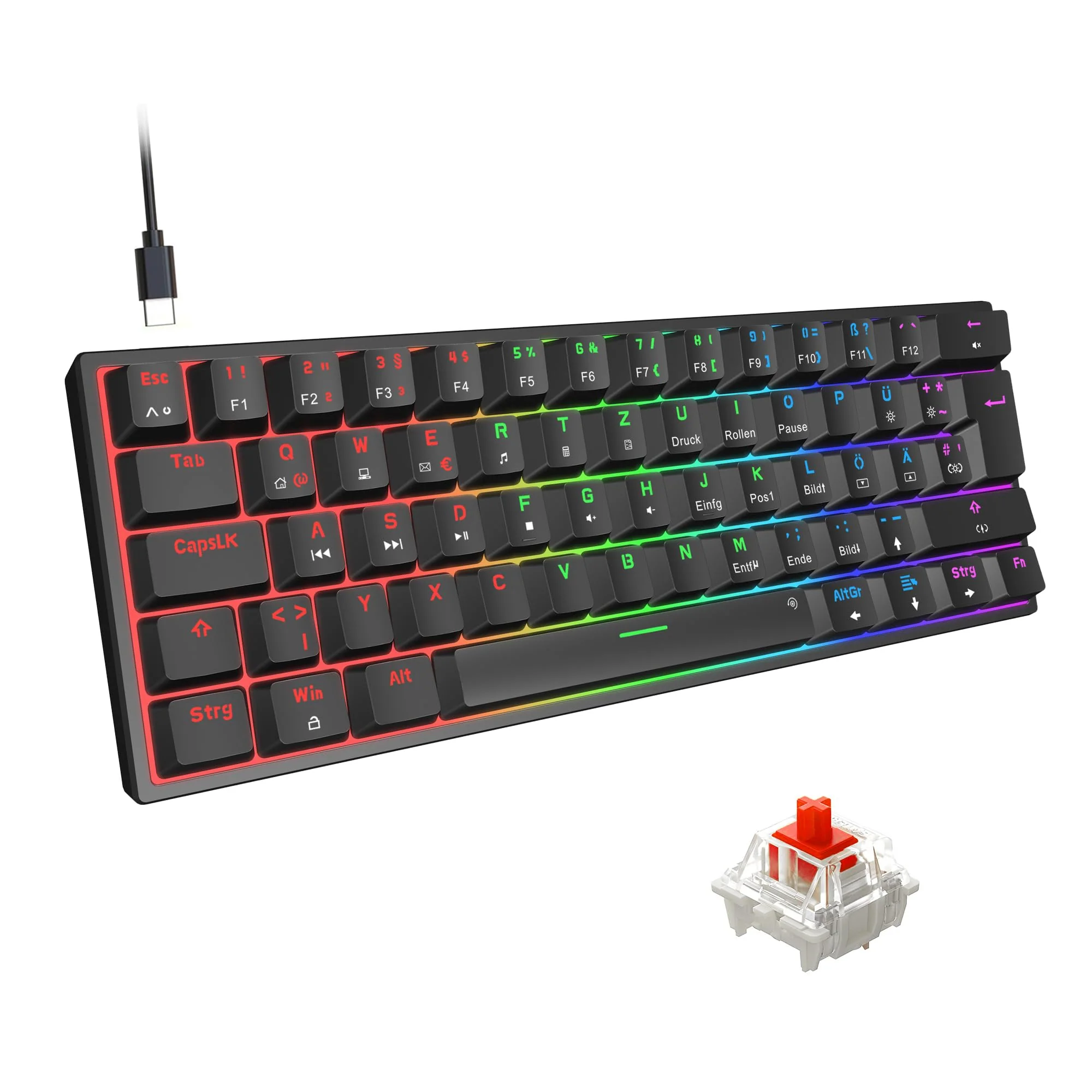 Snpurdiri 60% kabelgebundene mechanische Gaming-Tastatur, 62 Anti-Ghosting-Tasten, Blaue LED-Hintergrundbeleuchtung, ultrakompakte Zwei Stände (Rot Schalter/62 schwarz) - Image 5