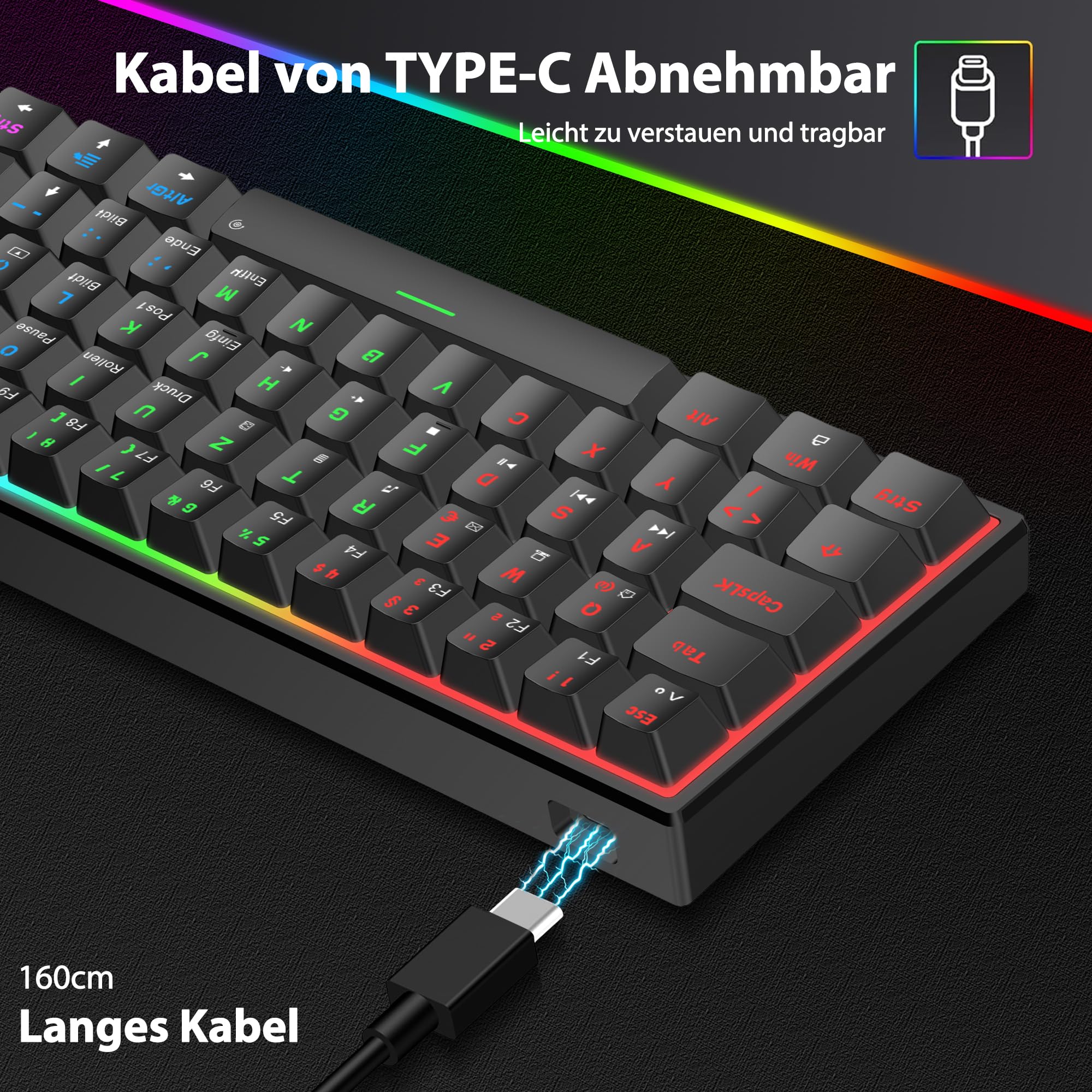 Snpurdiri 60% kabelgebundene mechanische Gaming-Tastatur, 62 Anti-Ghosting-Tasten, Blaue LED-Hintergrundbeleuchtung, ultrakompakte Zwei Stände (Rot Schalter/62 schwarz) - Image 6