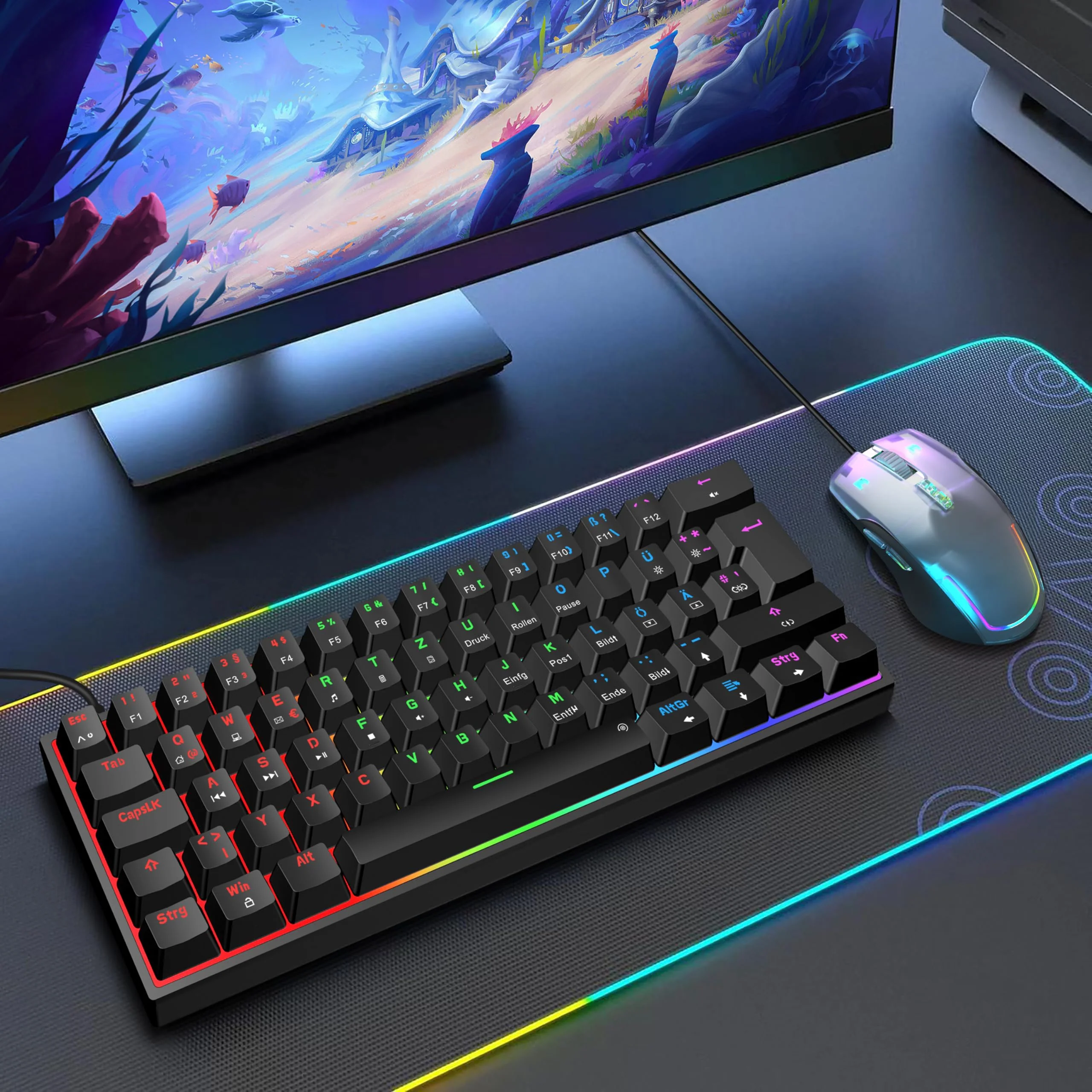 Snpurdiri 60% kabelgebundene mechanische Gaming-Tastatur, 62 Anti-Ghosting-Tasten, Blaue LED-Hintergrundbeleuchtung, ultrakompakte Zwei Stände (Rot Schalter/62 schwarz) - Image 7
