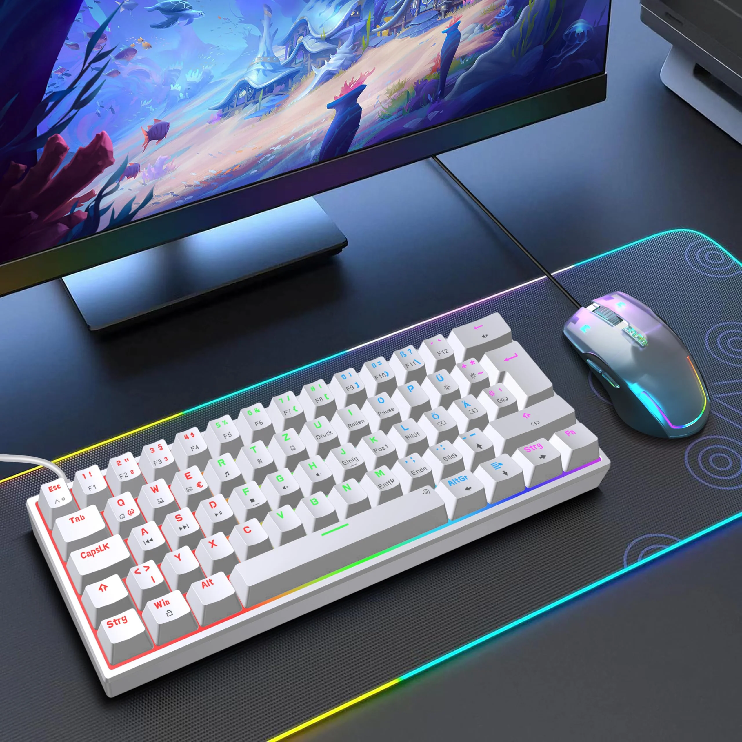 Snpurdiri 60% kabelgebundene mechanische Gaming-Tastatur, 62 Anti-Ghosting-Tasten, Blaue LED-Hintergrundbeleuchtung, ultrakompakte Zwei Stände (Rot Schalter/62 Weiß) - Image 3