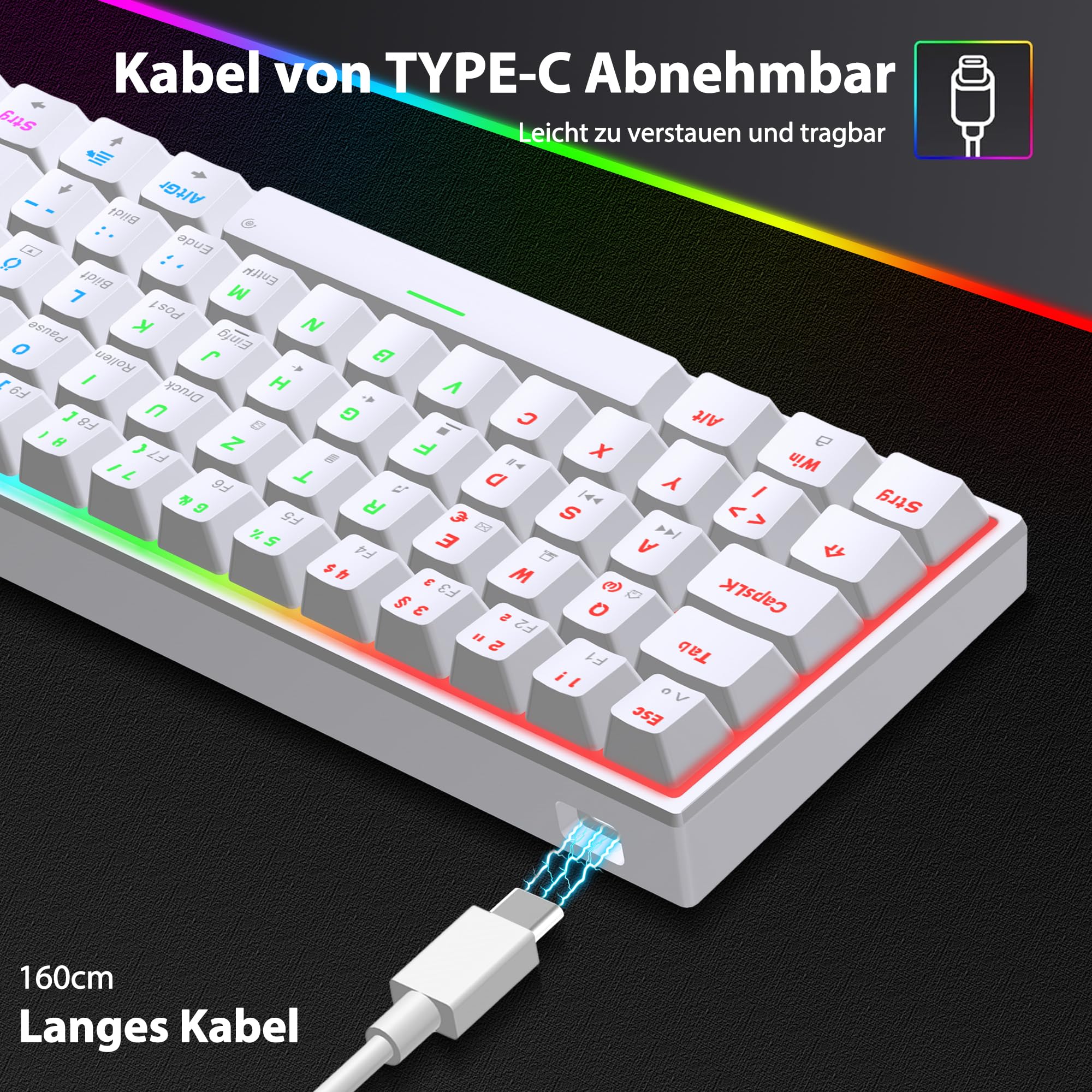 Snpurdiri 60% kabelgebundene mechanische Gaming-Tastatur, 62 Anti-Ghosting-Tasten, Blaue LED-Hintergrundbeleuchtung, ultrakompakte Zwei Stände (Rot Schalter/62 Weiß) - Image 4