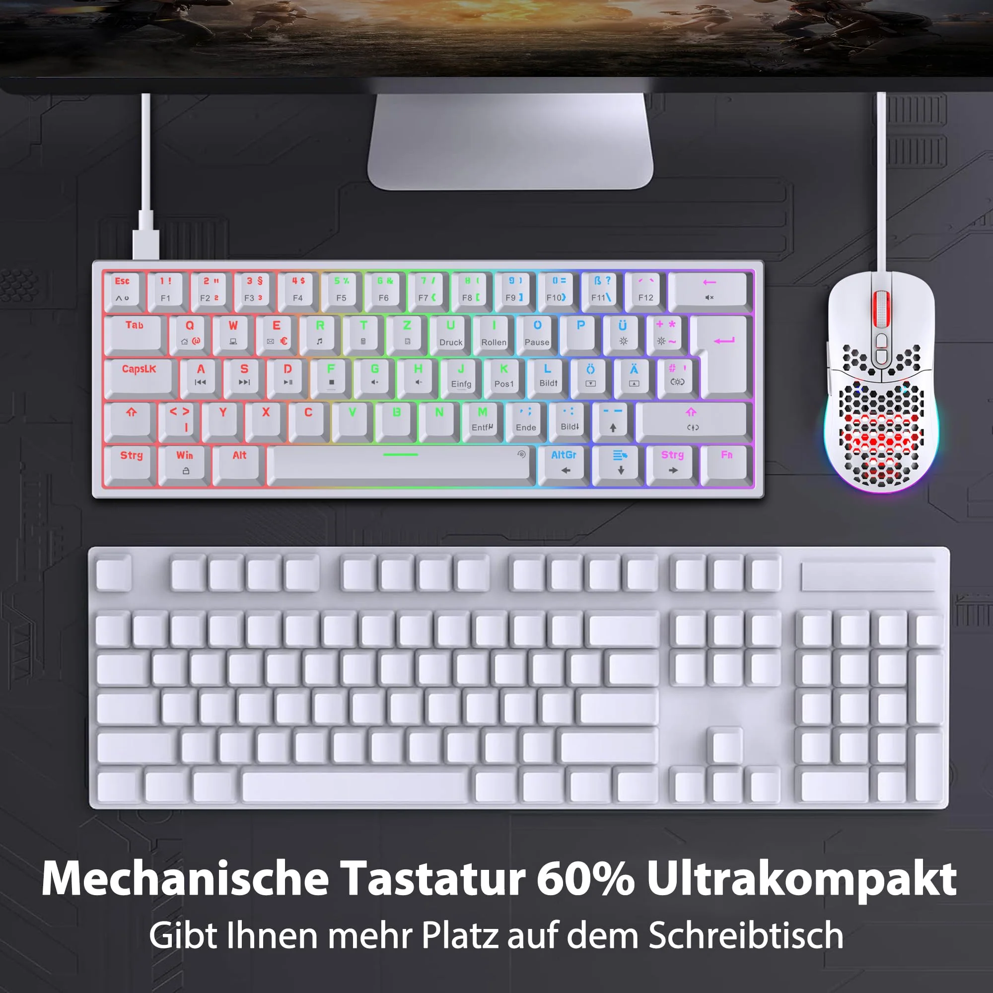 Snpurdiri 60% kabelgebundene mechanische Gaming-Tastatur, 62 Anti-Ghosting-Tasten, Blaue LED-Hintergrundbeleuchtung, ultrakompakte Zwei Stände (Rot Schalter/62 Weiß) - Image 6